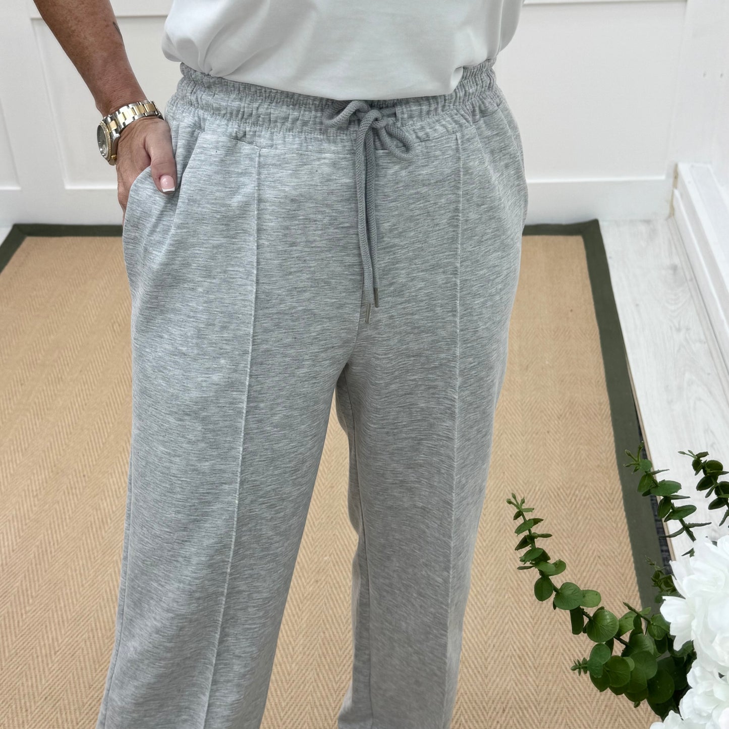 Trudy: Marle grey stretchy wide leg pocket trousers. 2 sizes