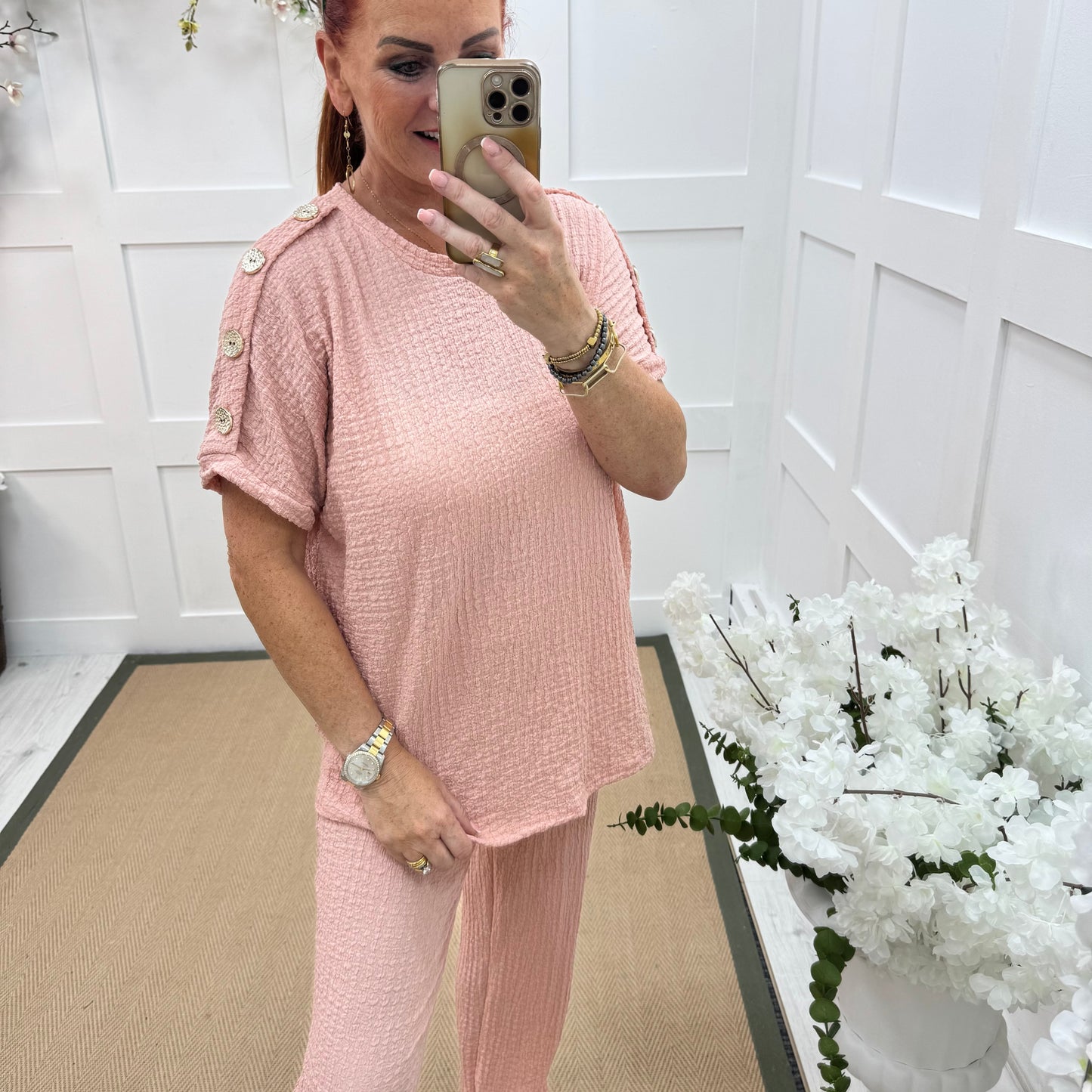 Tasha: Pink & gold button loungewear set. 2 sizes