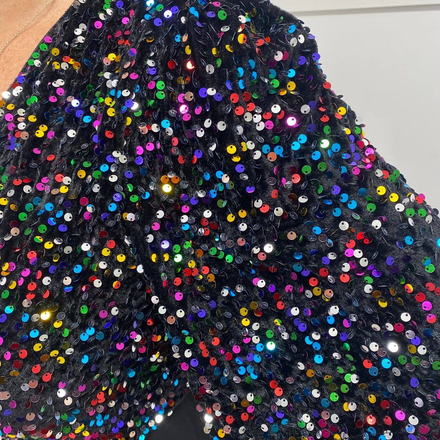 Delphine: Girl in Mind Multicoloured sequin wide leg jumpsuit. Sizes 8-18
