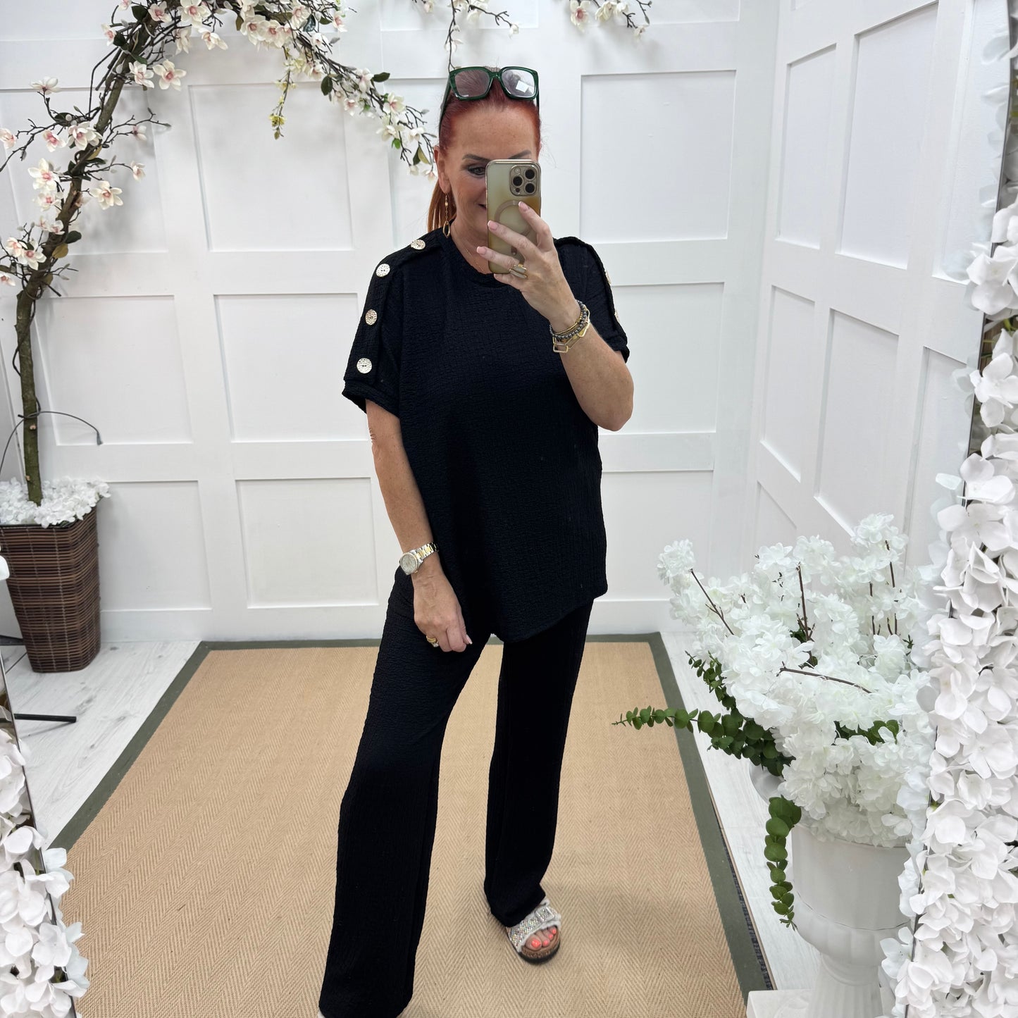 Tasha: Black & gold button loungewear set. 2 sizes