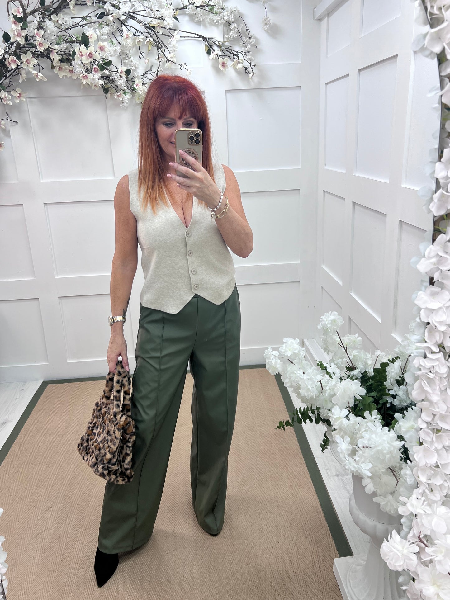 Tabatha: Khaki faux leather trousers. One size: 12-16