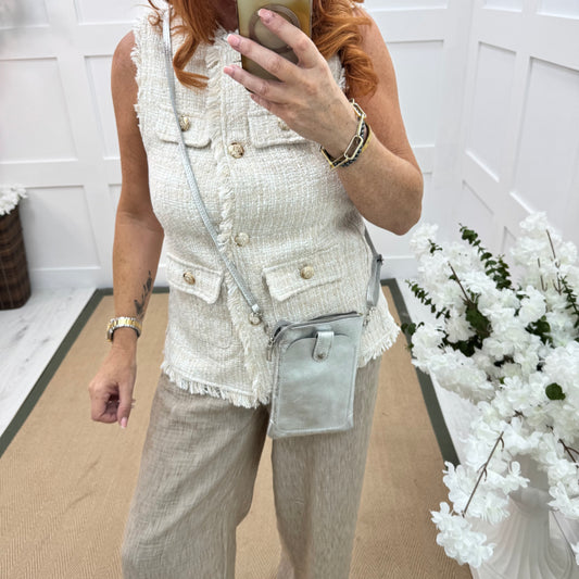 Petra: Silver Italian leather phone cross body bag