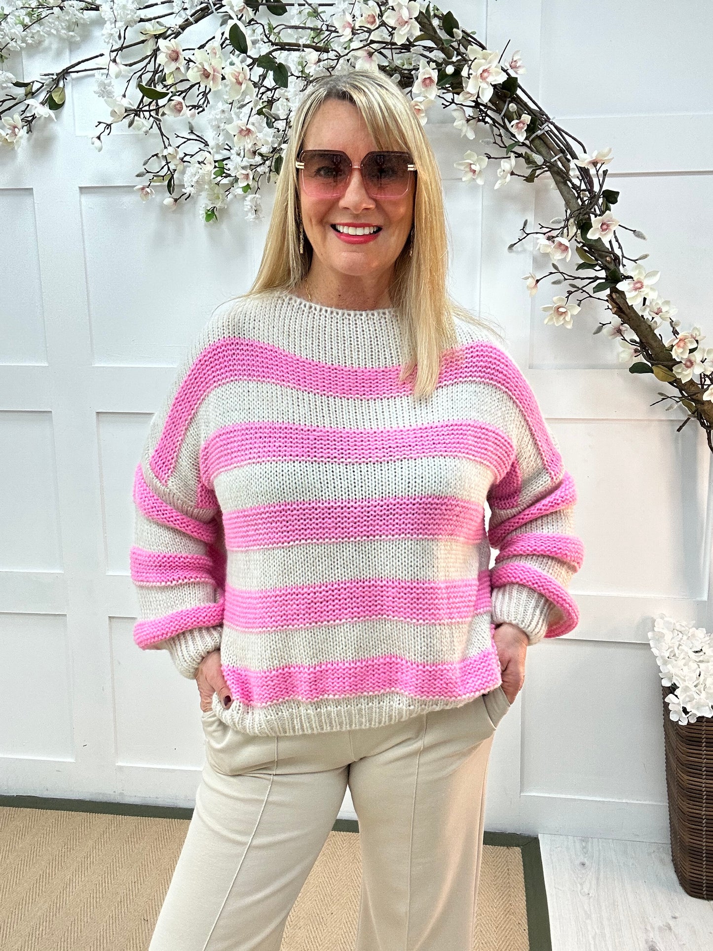 Beth: Baby pink & cream stripe knitted top. One Sz: 12-18