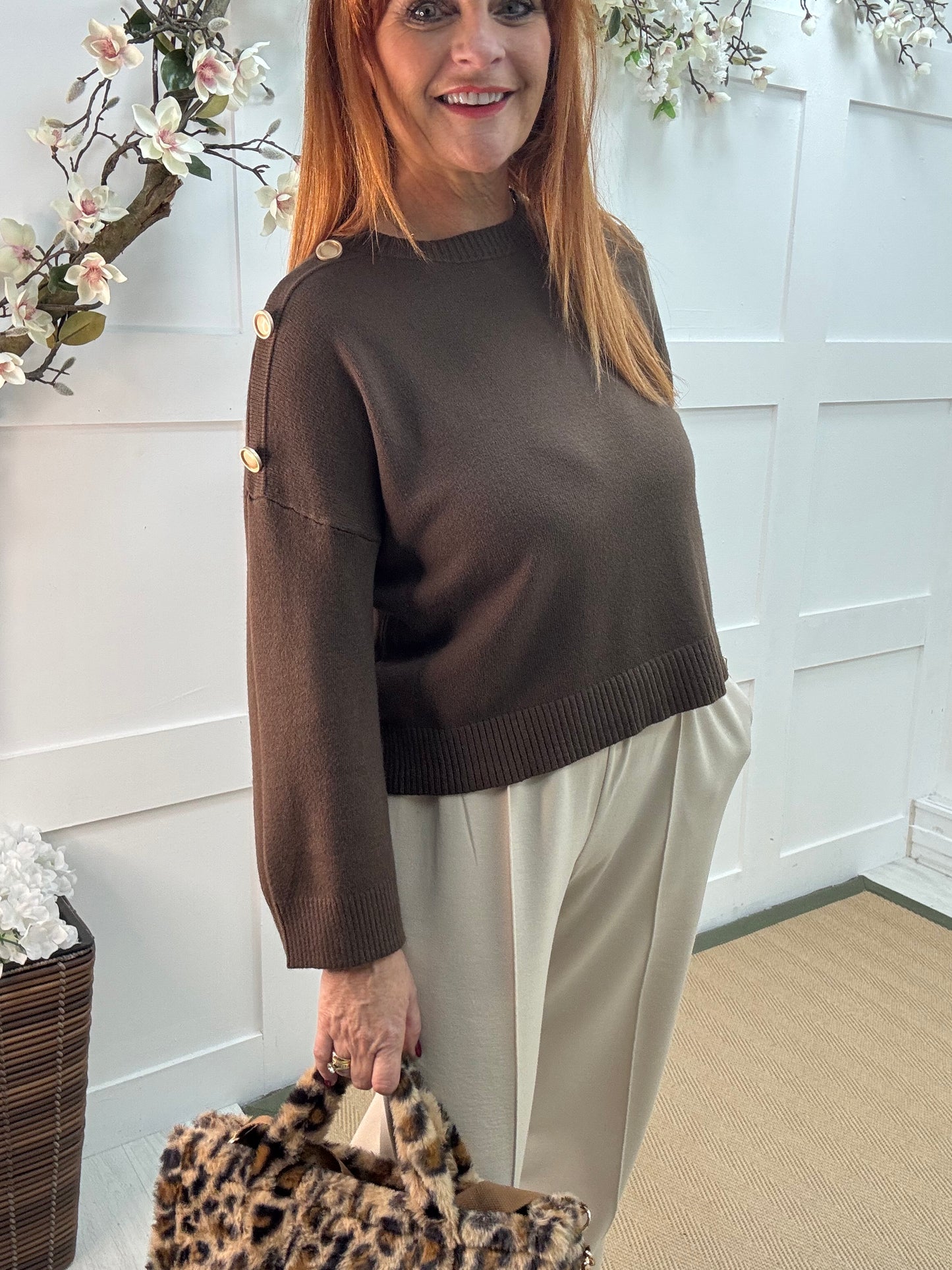 Lorna: Brown gold button knitted top. One Sz: 10-16
