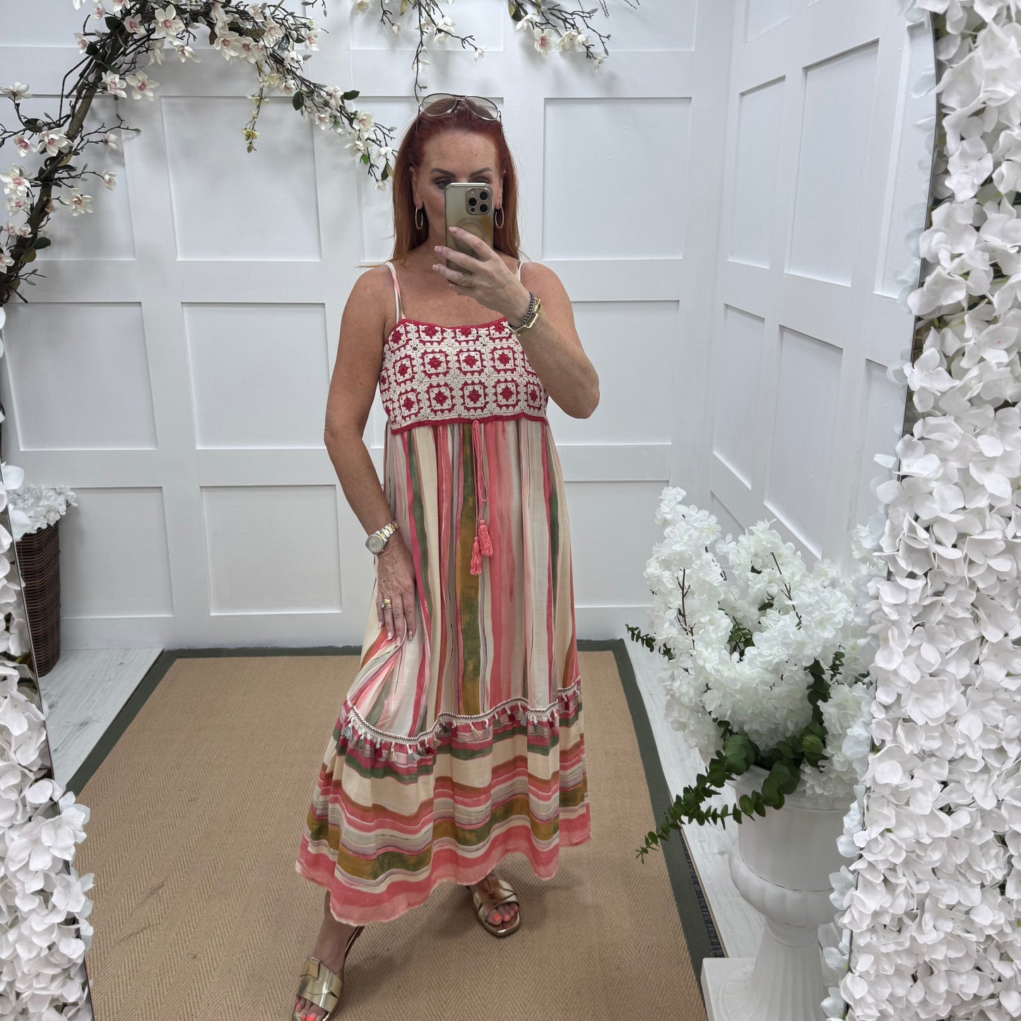Aurora: Vibrant coral crochet & stripe midi dress. One Size: 8-12