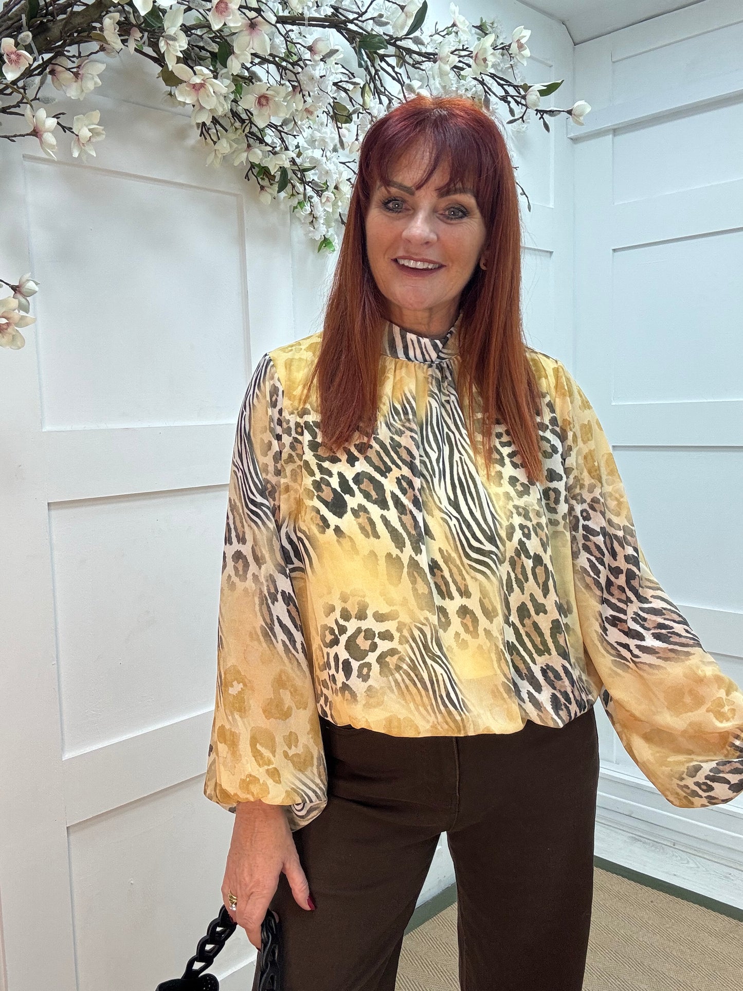 Lydia: Yellow mixed animal print blouse. One size: 10-16