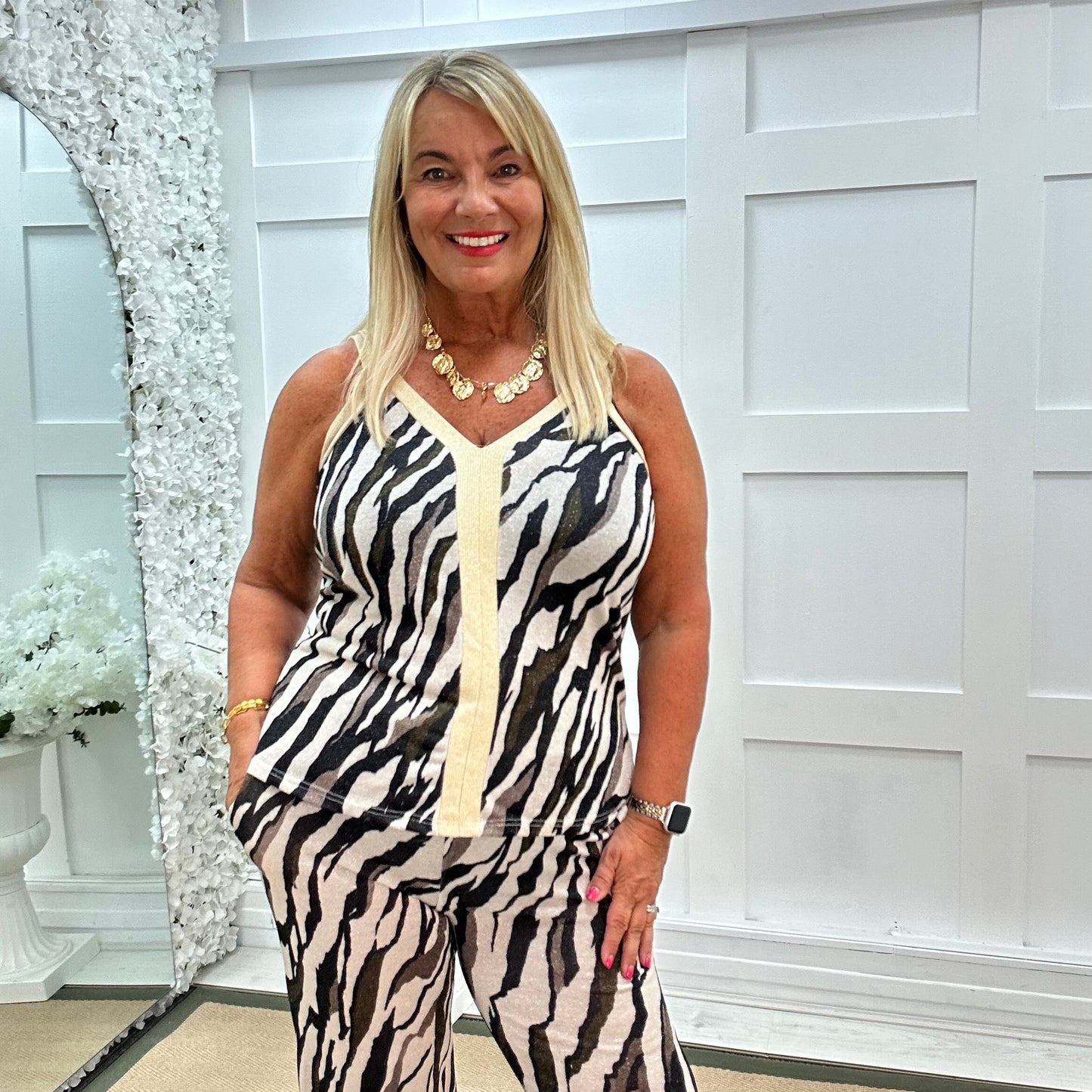 Trinny: Black zebra print top & trouser co-ord set. One size: 10-18
