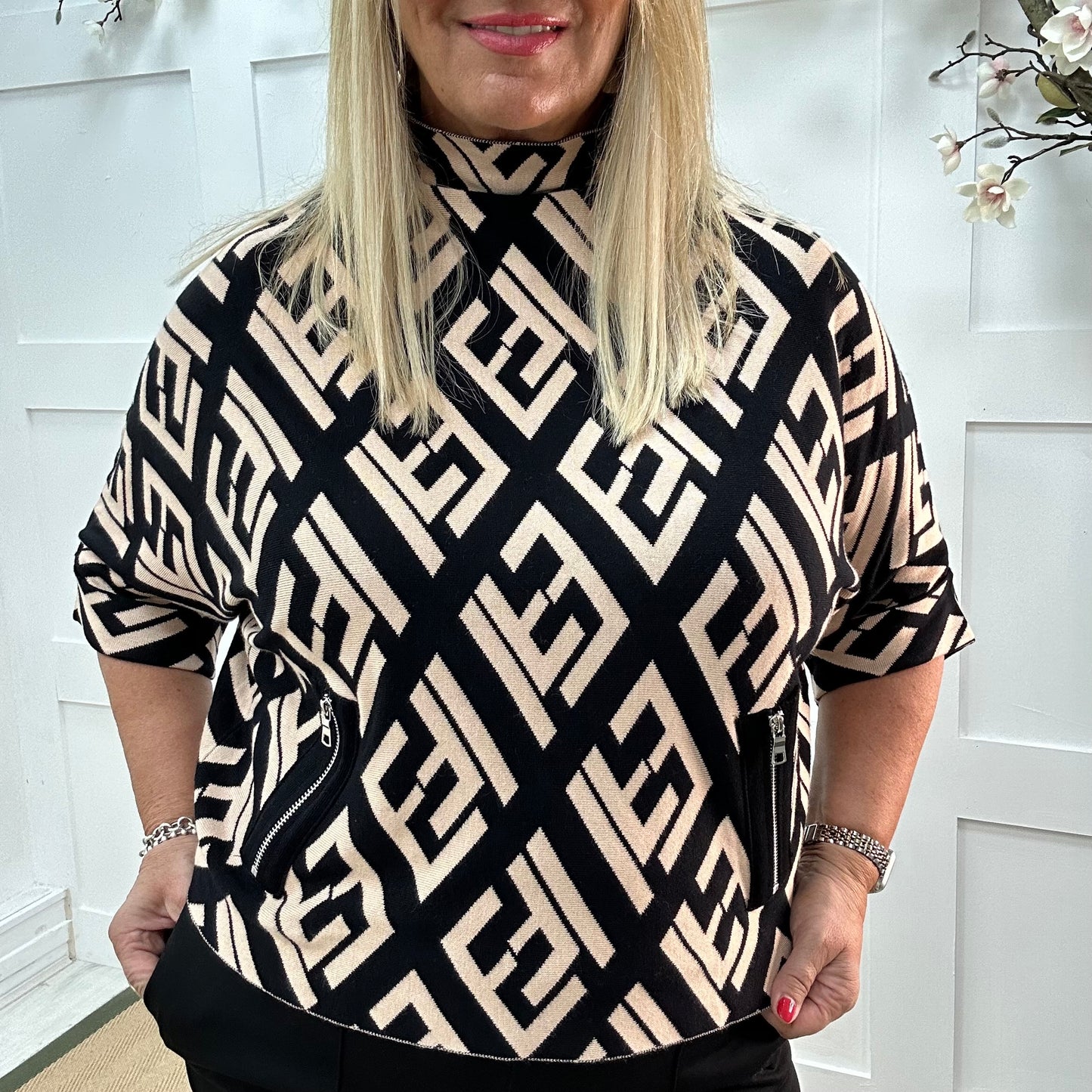 Harper: Black designer inspired top. One size: 12-18