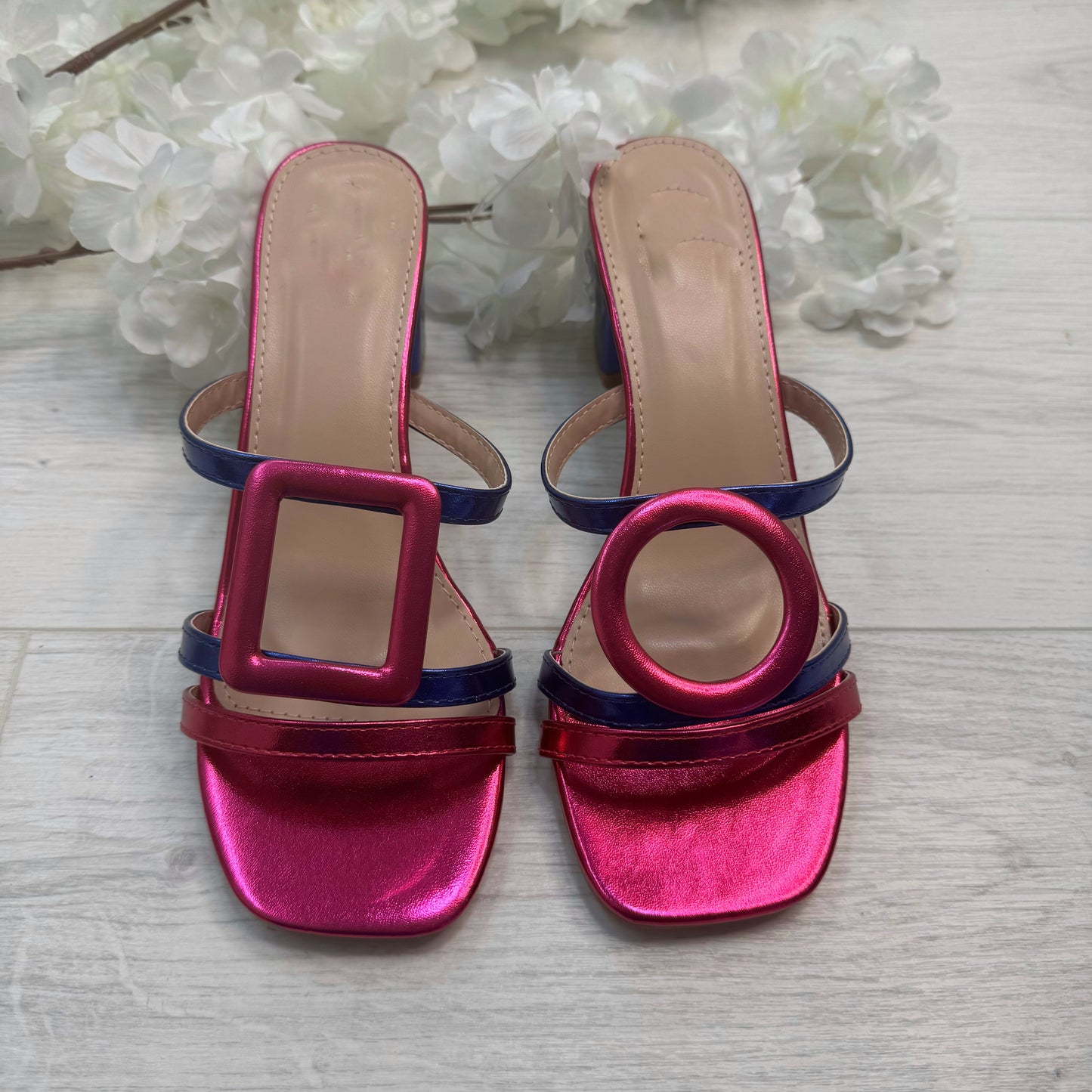 Rosa: Metallic pink & blue large buckle sandals. Sizes: 3-8
