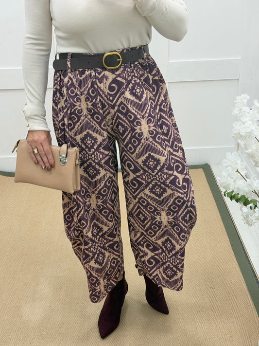 Florrie: Printed needlecord barrel leg belted trousers. One size: 10-18. 3 colours