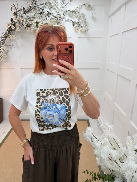 Stella: White diamanté leopard print perfume T shirt. One size: 12-18