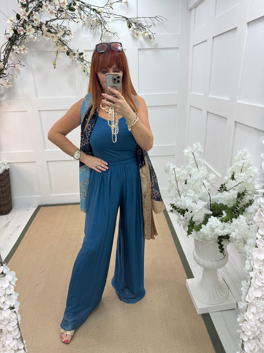 Venice: Teal silk wide leg trousers. One size: 12-20
