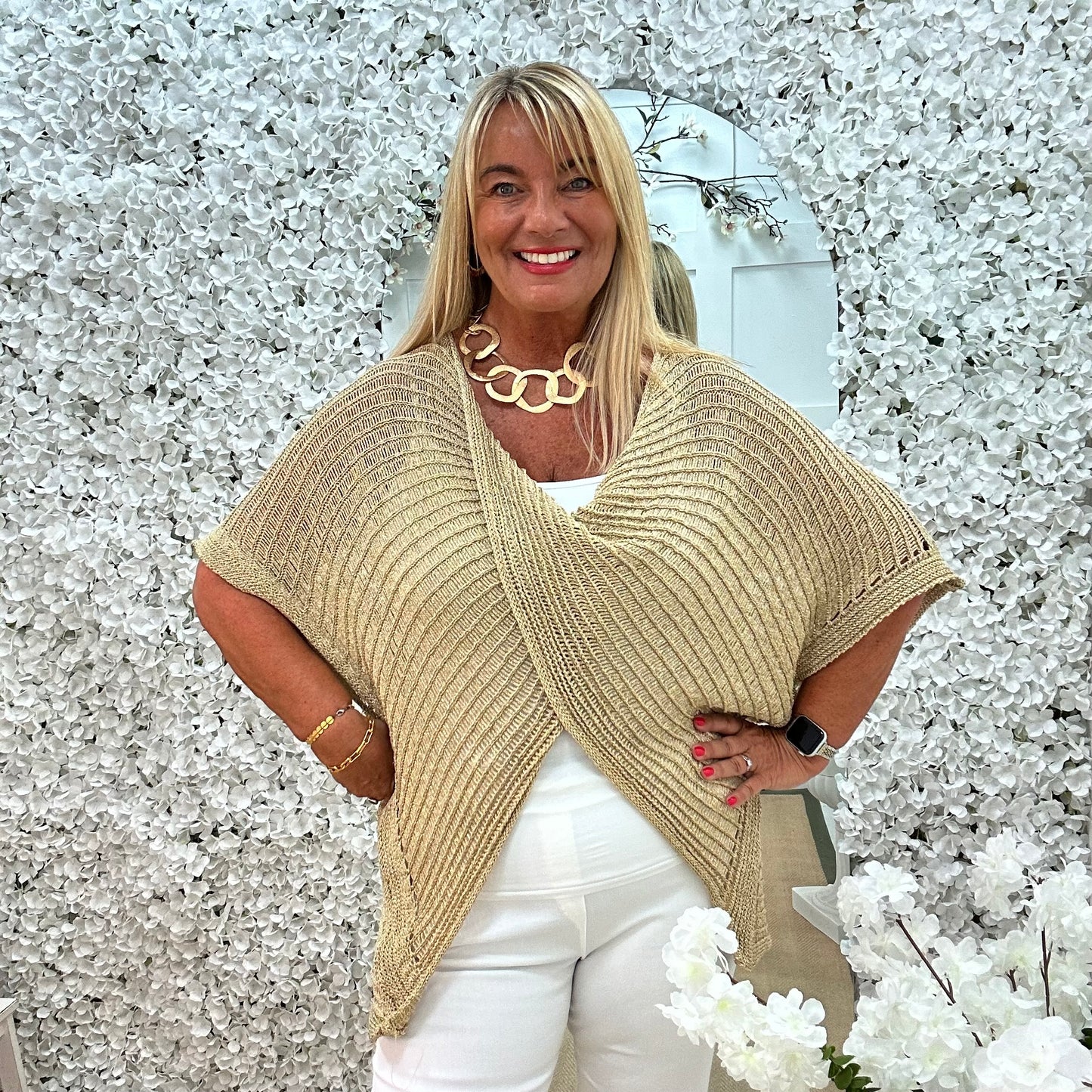 Harriet: Gold lurex cross over top. One size: 16-24