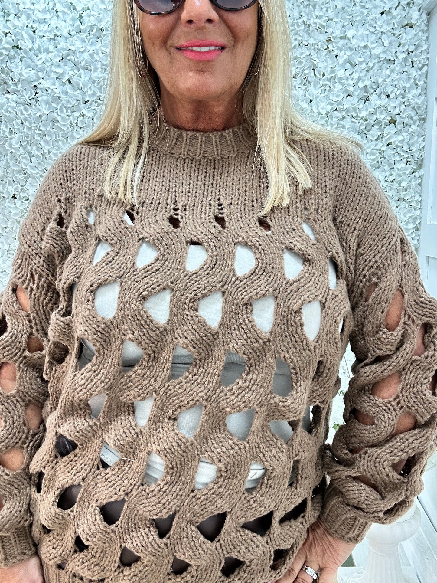 Jazz: Brown long holey open knit top. One Sz: 12-18