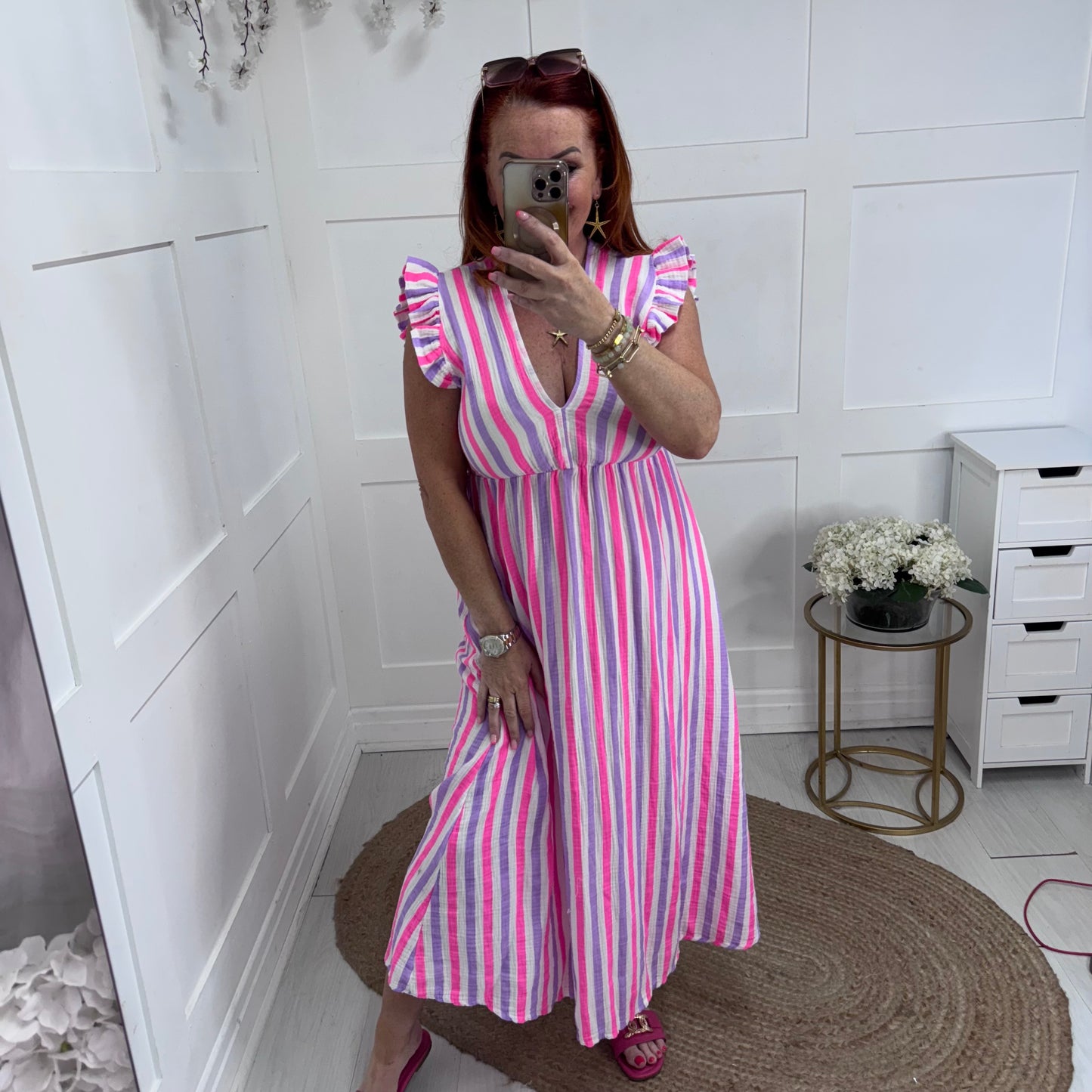 Roman: Lilac & pink stripe midi dress. One size: 12-18