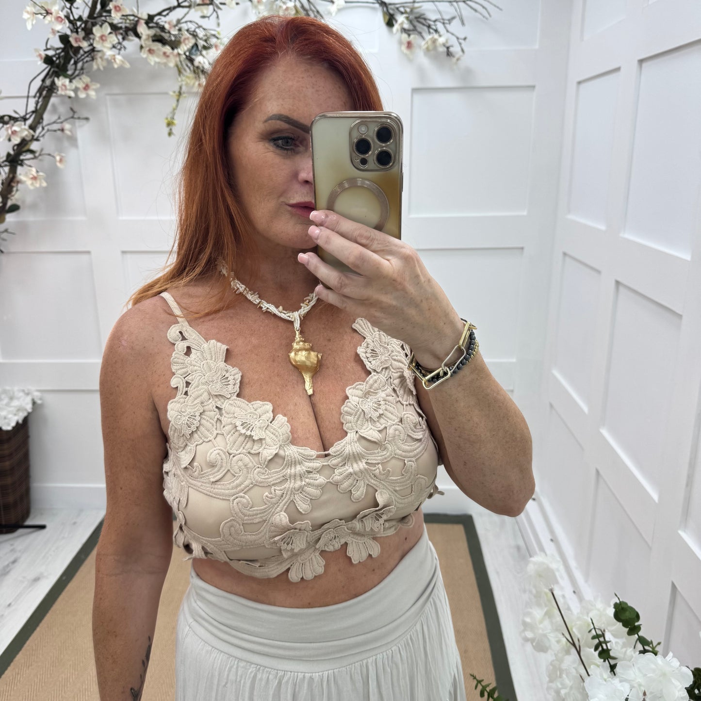 Lacey: Beige applique crop bralette. One size 8-14