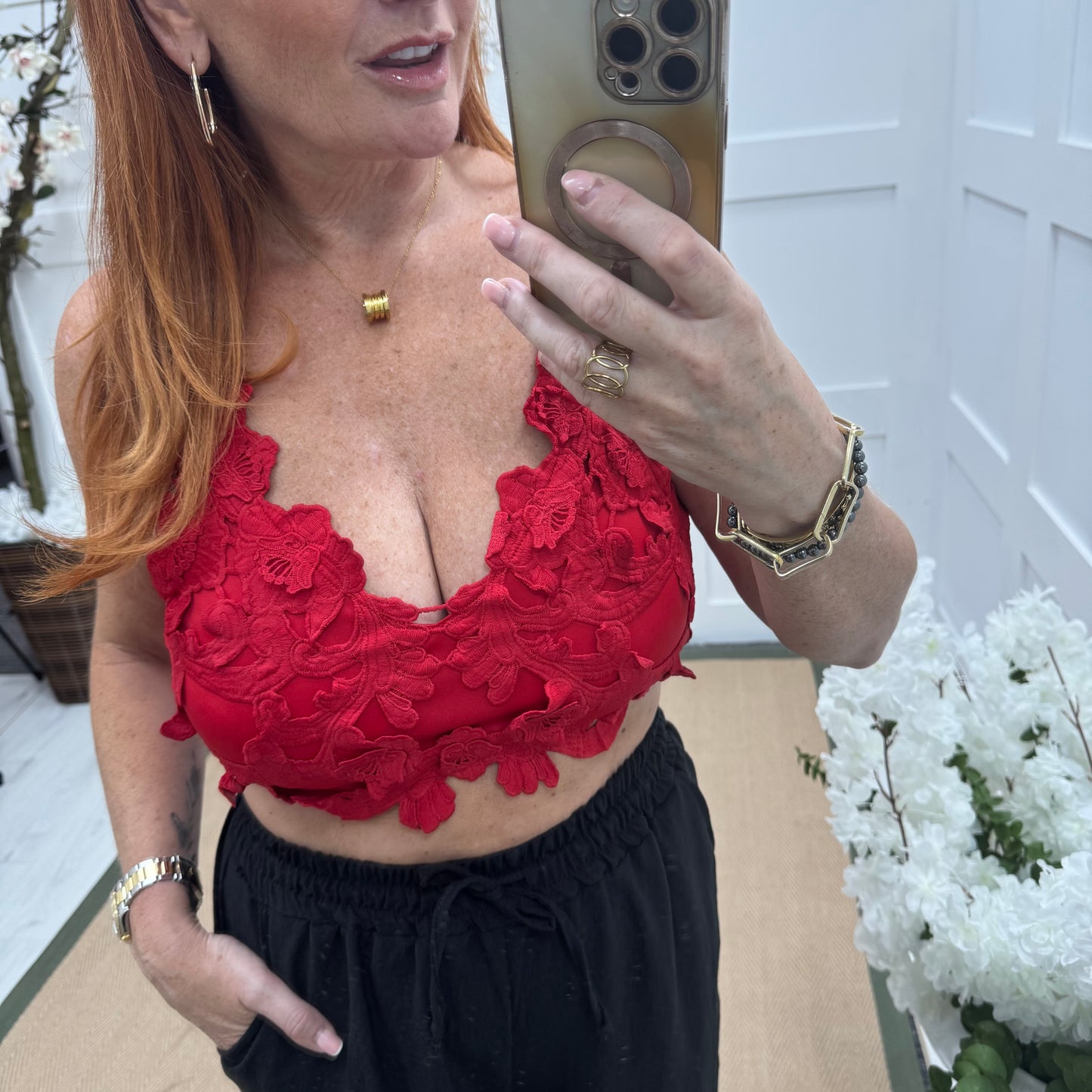 Lacey: Red applique crop bralette. One size 8-14