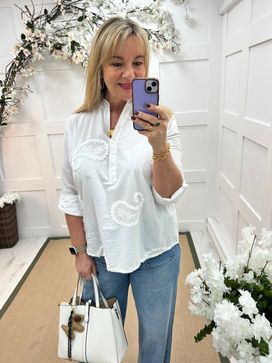 Corrine: White embroidered paisley shirt. One size: 12-16