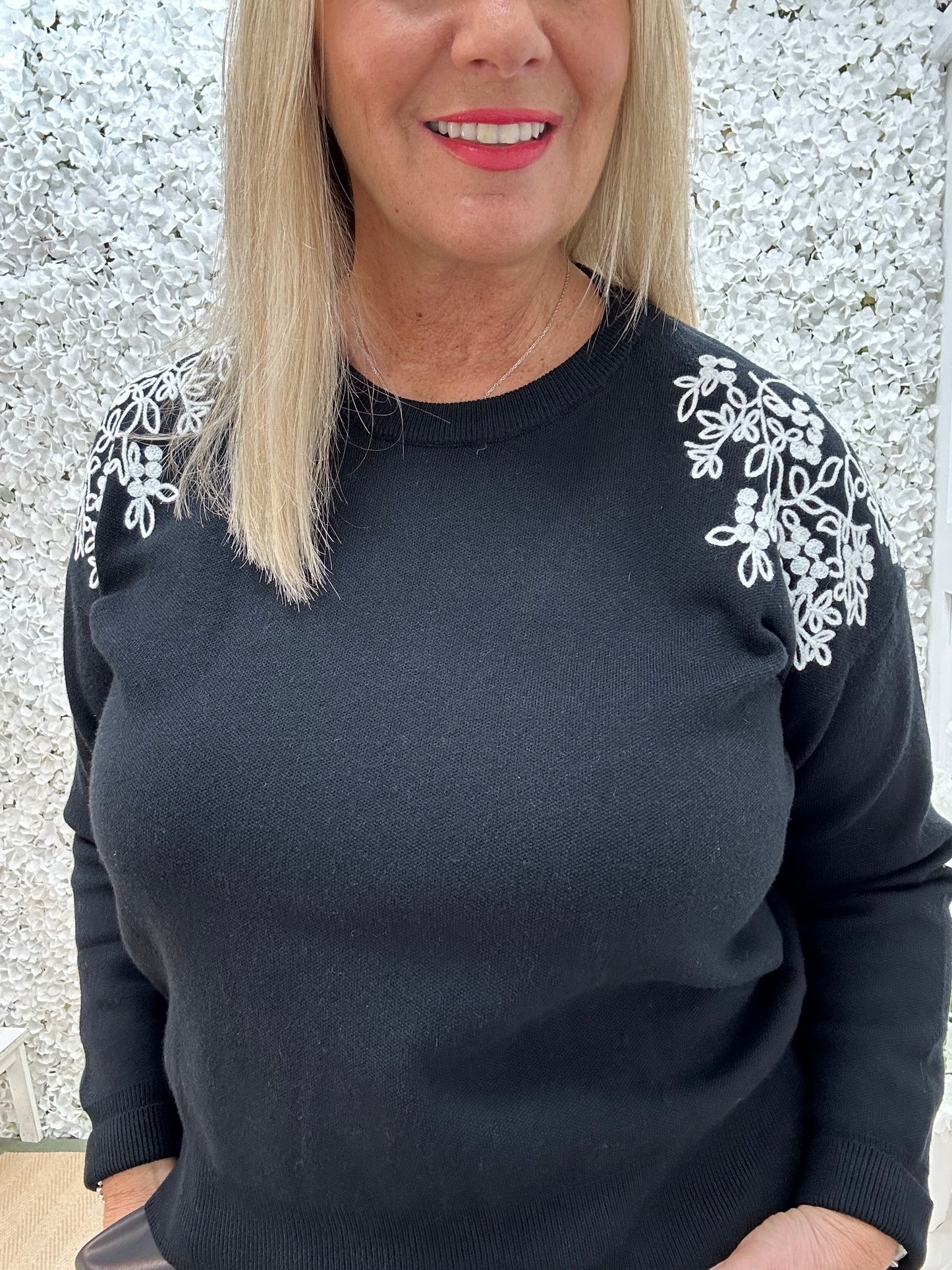 Fleur: Black embroidered shoulder knit. 2 sizes