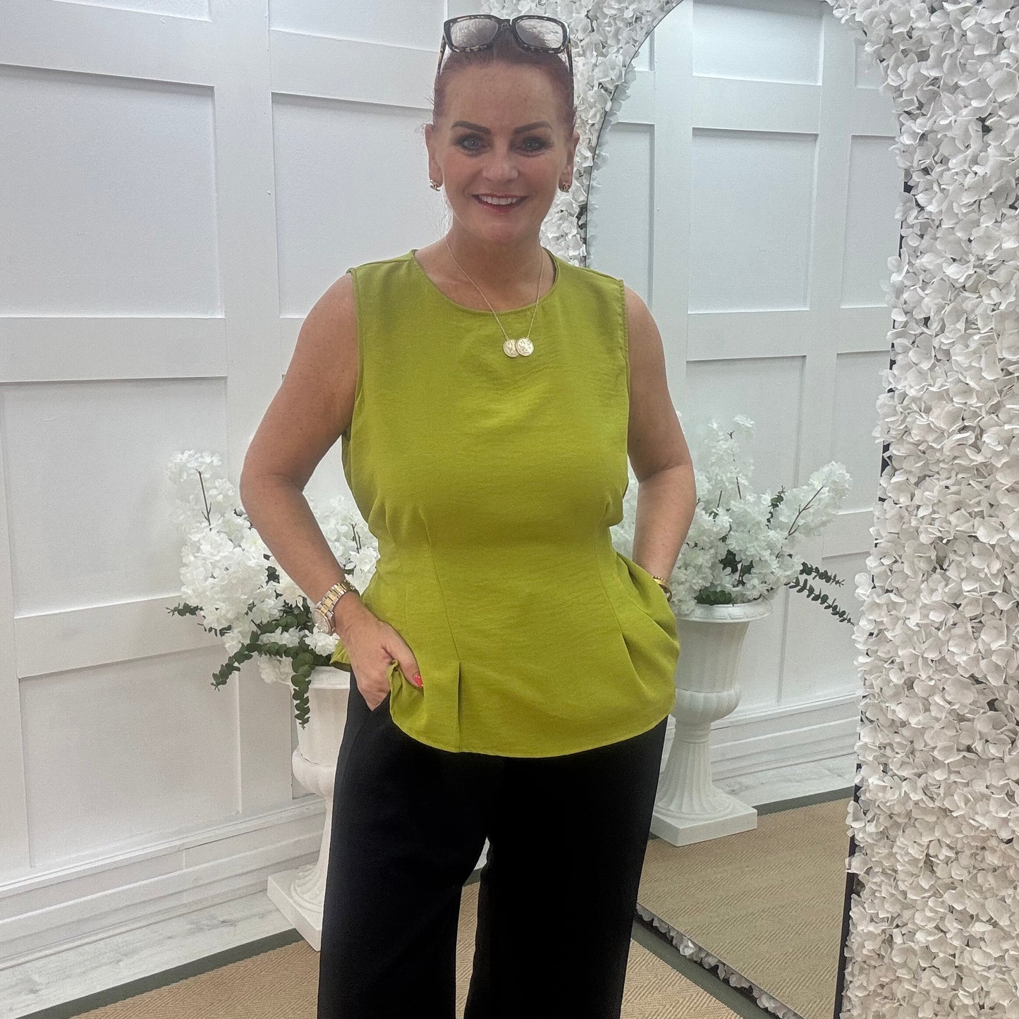 Maisie: Lime tie waist peplum top. One size: 14-18
