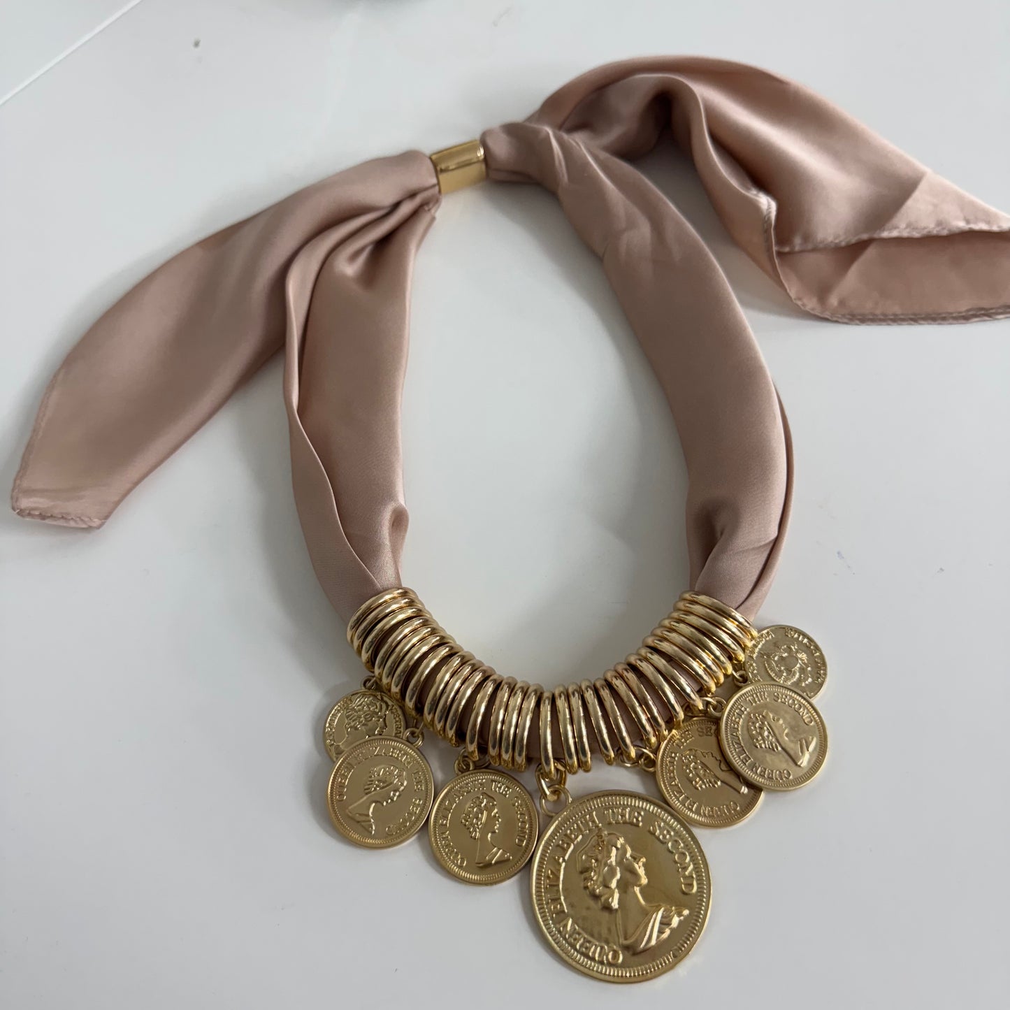 Petra: Blush & gold coin scarf statement necklace