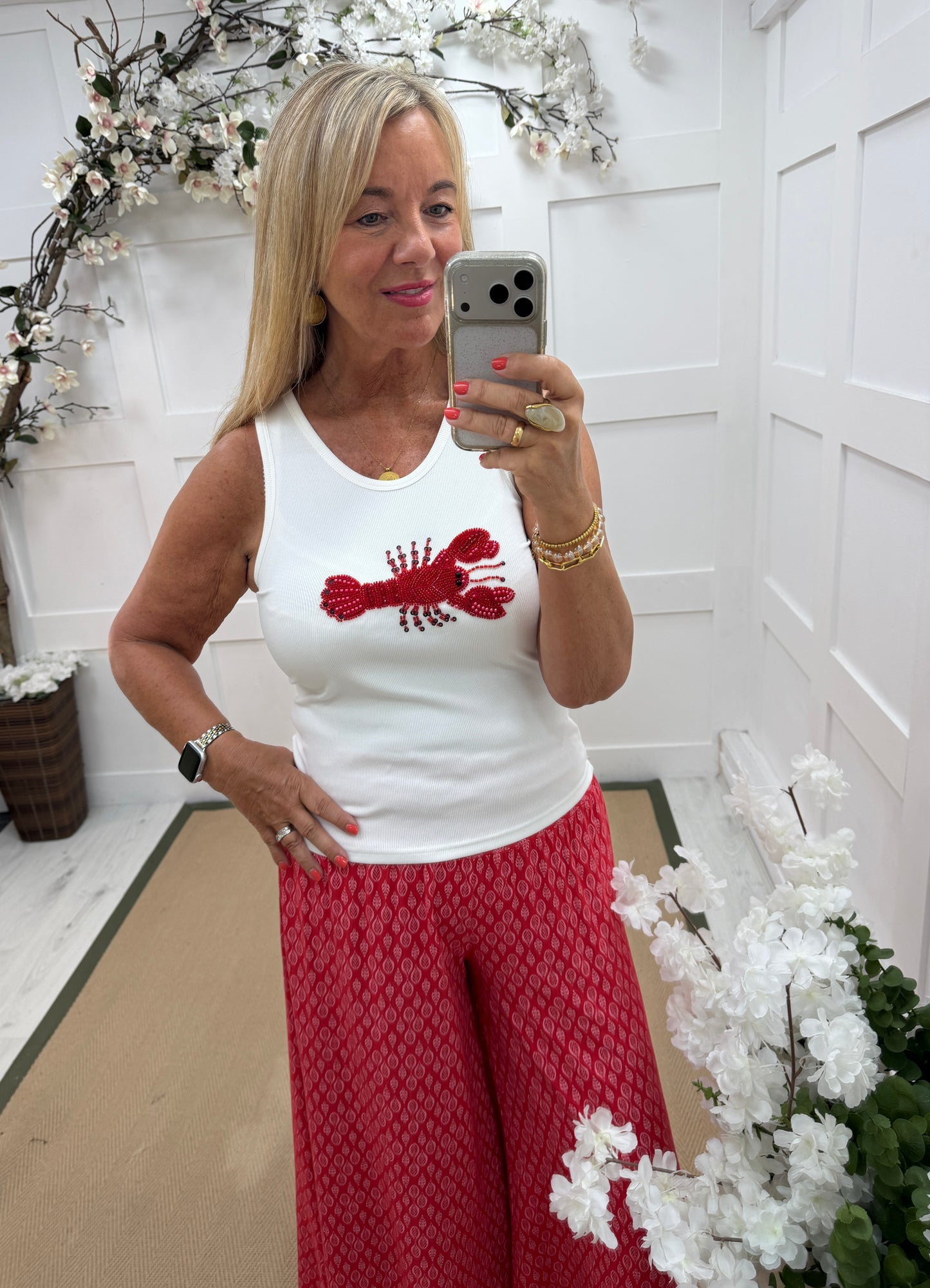 Lara: Red & white beaded lobster tank top. 2 sizes