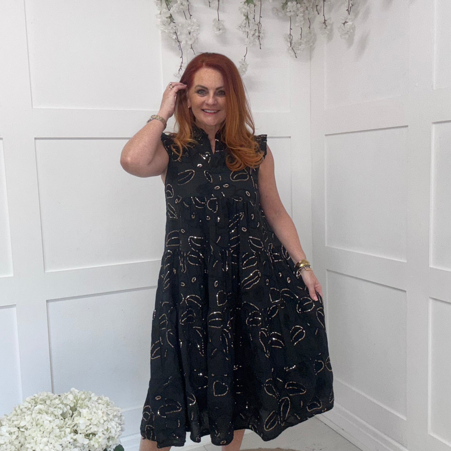 Ezra: Black sequin midi dress. One size 10-14
