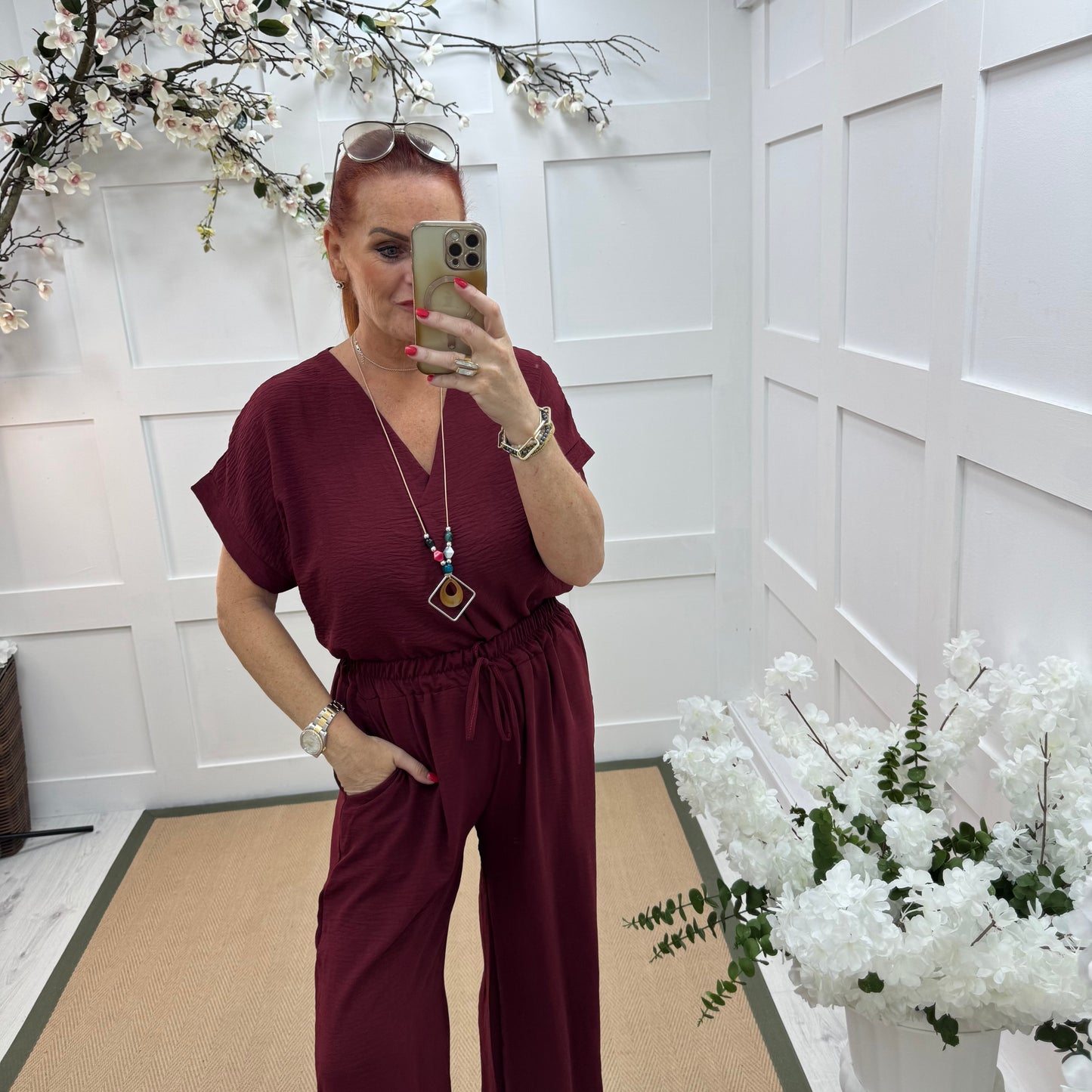 Eliza: Burgundy V neck top & pendant. One size: 14-20