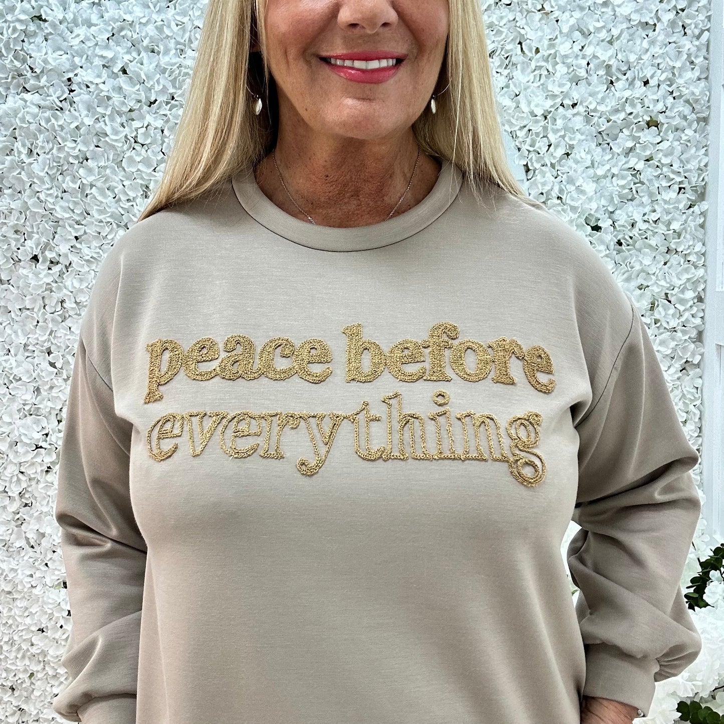 Prya: Mocha oversized Peace slogan sweatshirt. One size: 14-20