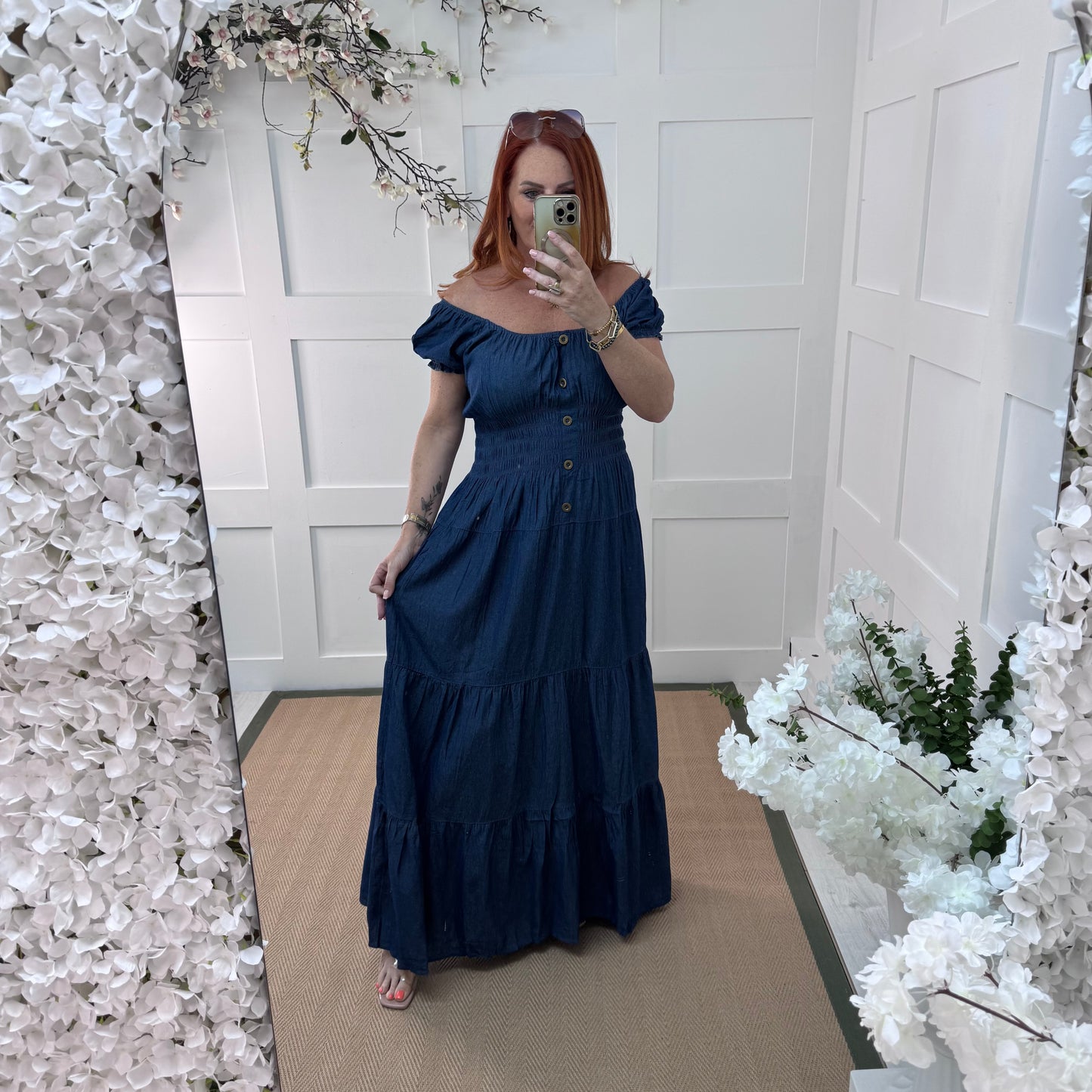 Rio: Denim bardot maxi dress. One Size 10-20