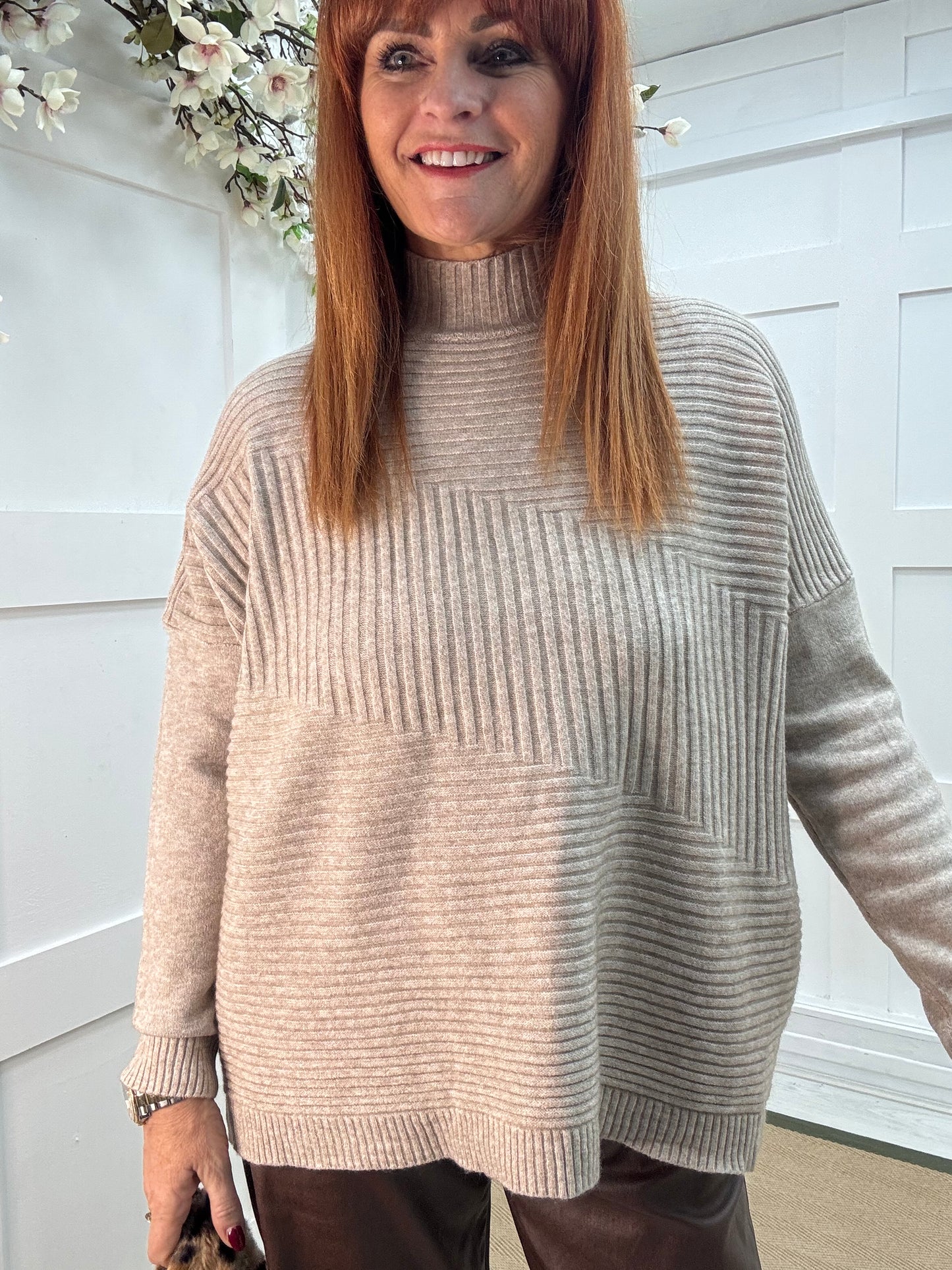 CJ: Cream high neck knitted top. One Sz: 12-18