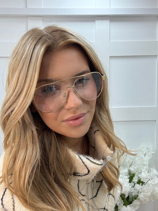 Tori Steel: Gold aviator clear fashion glasses