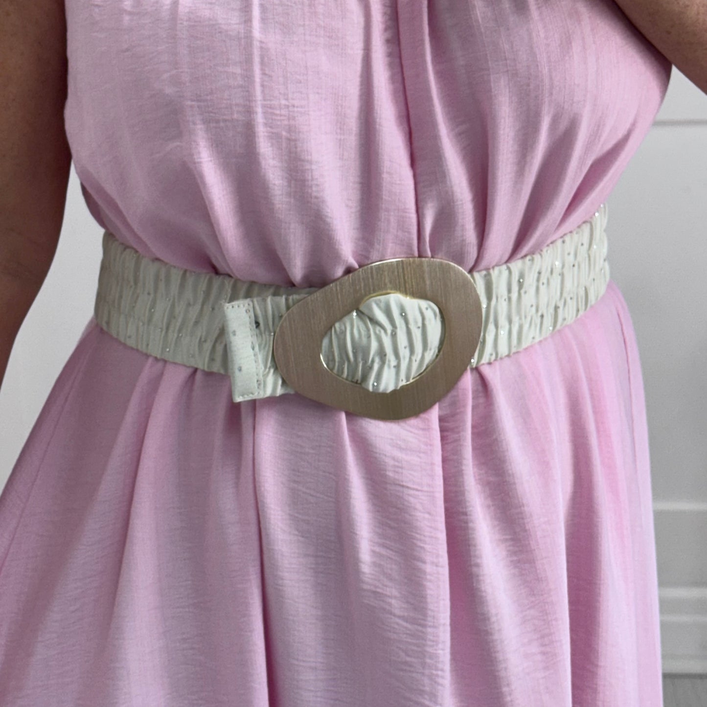 Betty: White oval buckle & diamanté belt. One size: 8-20