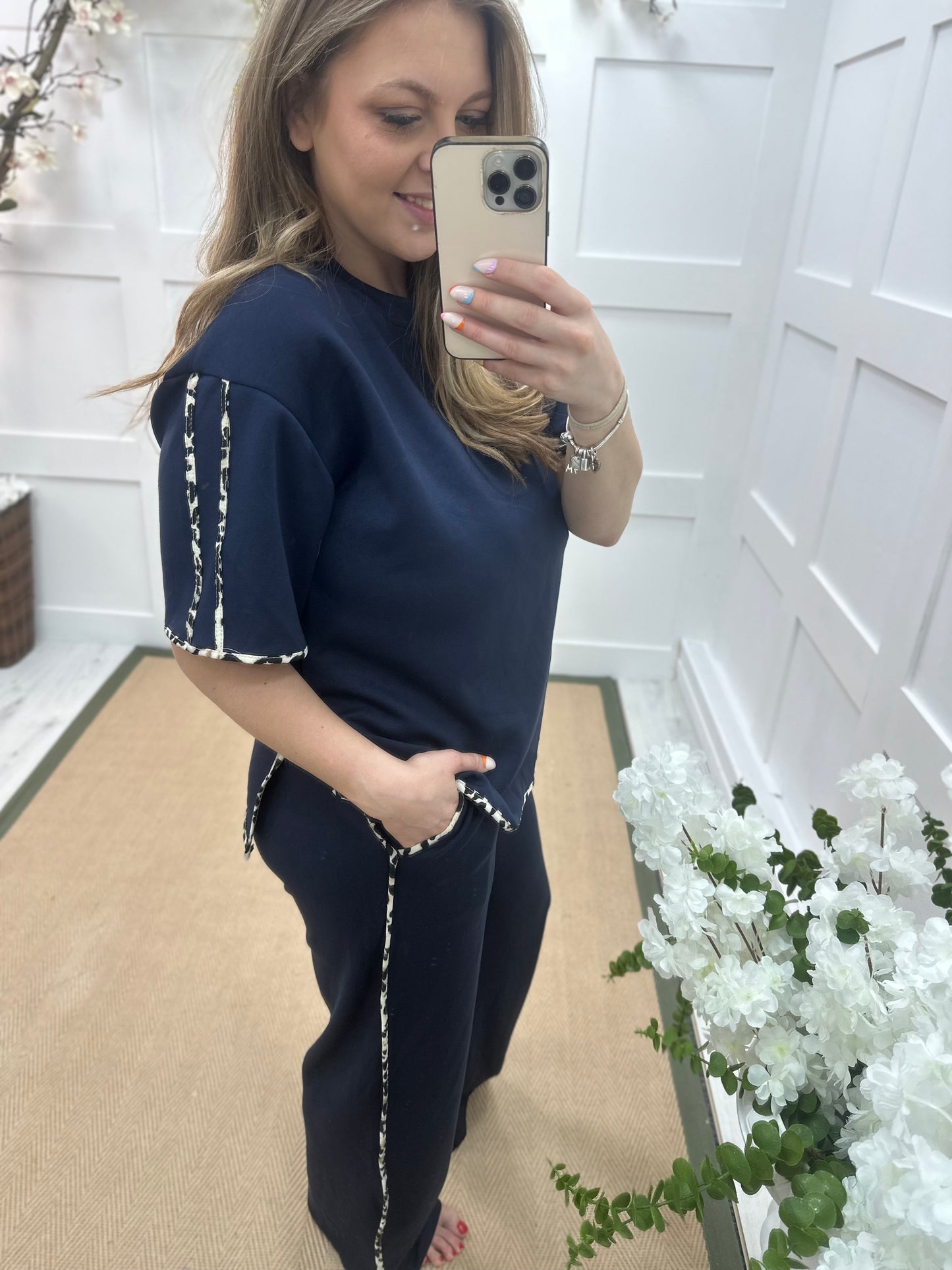 Malka: Navy leopard print stripe loungewear set. One size: 12-18