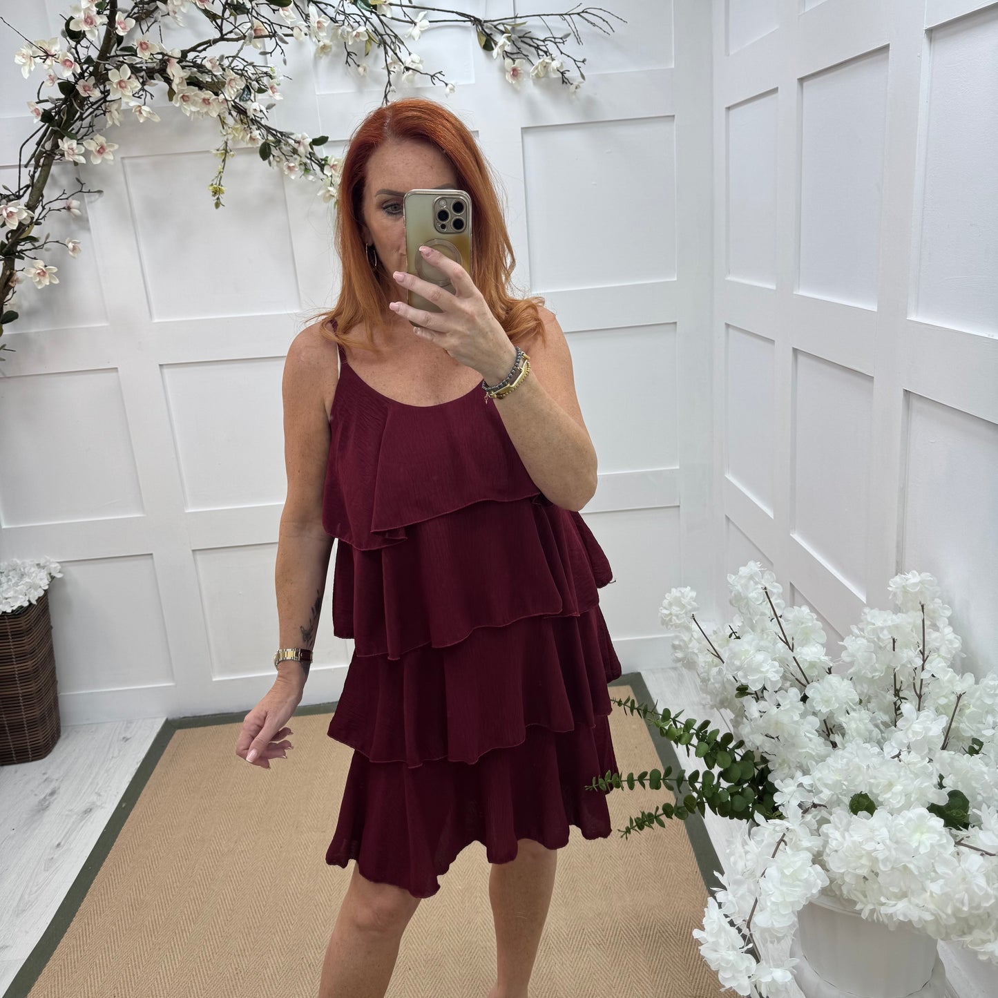 Rachel: Burgundy short tiered rara dress. One size 8-16