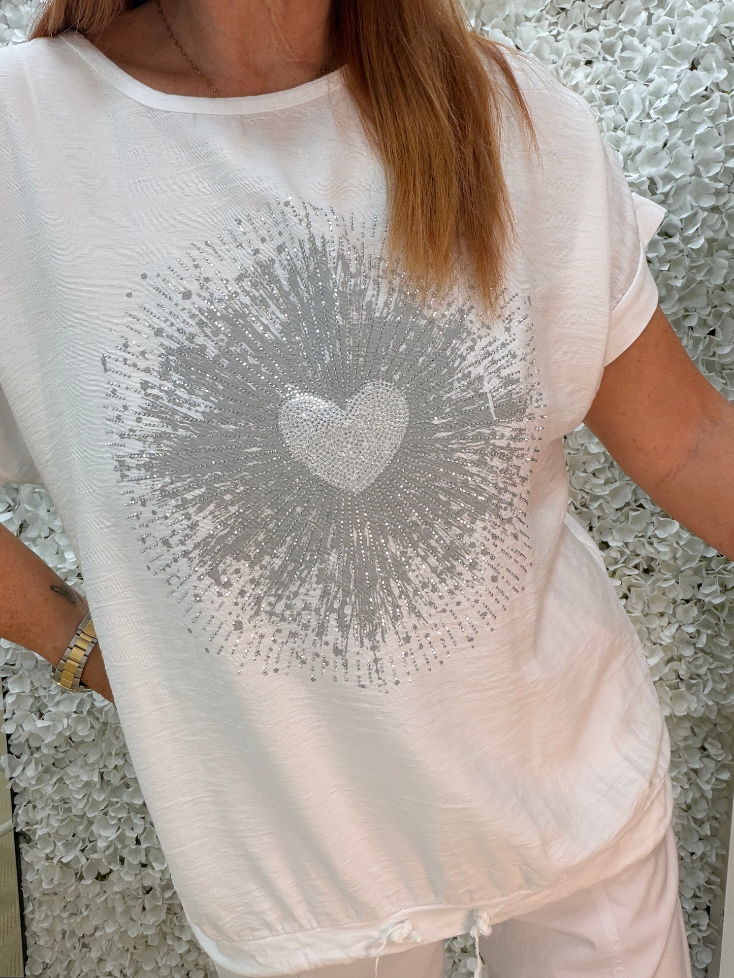 Honey: Silver diamanté heart burst top. One size: 10-16. 3 colours