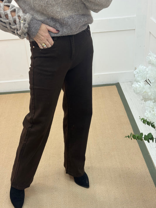 Beau: Brown high waist wide leg jeans. Sizes: 10-20