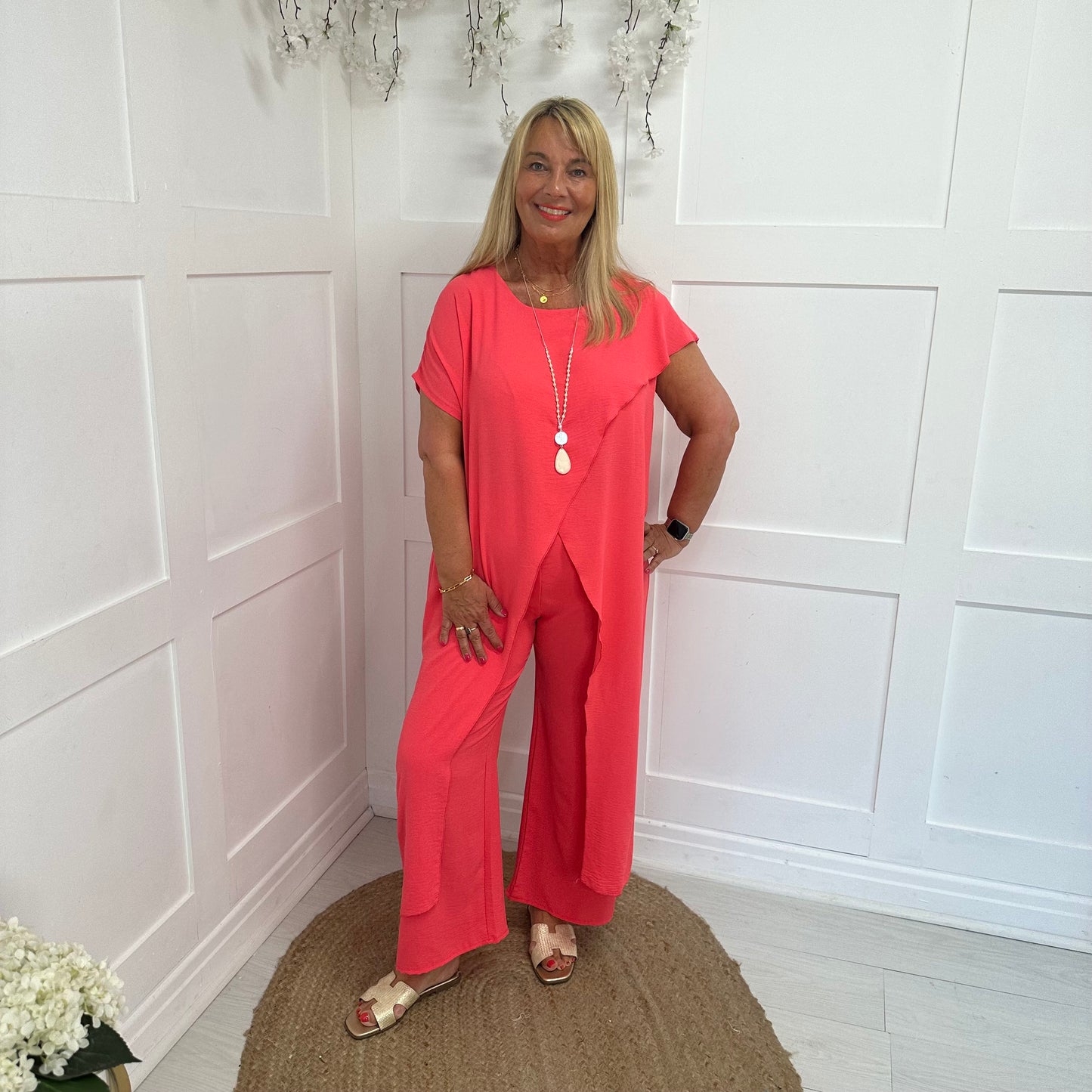 Jodie: Coral longline wide leg co-ord set. One size: 14-18