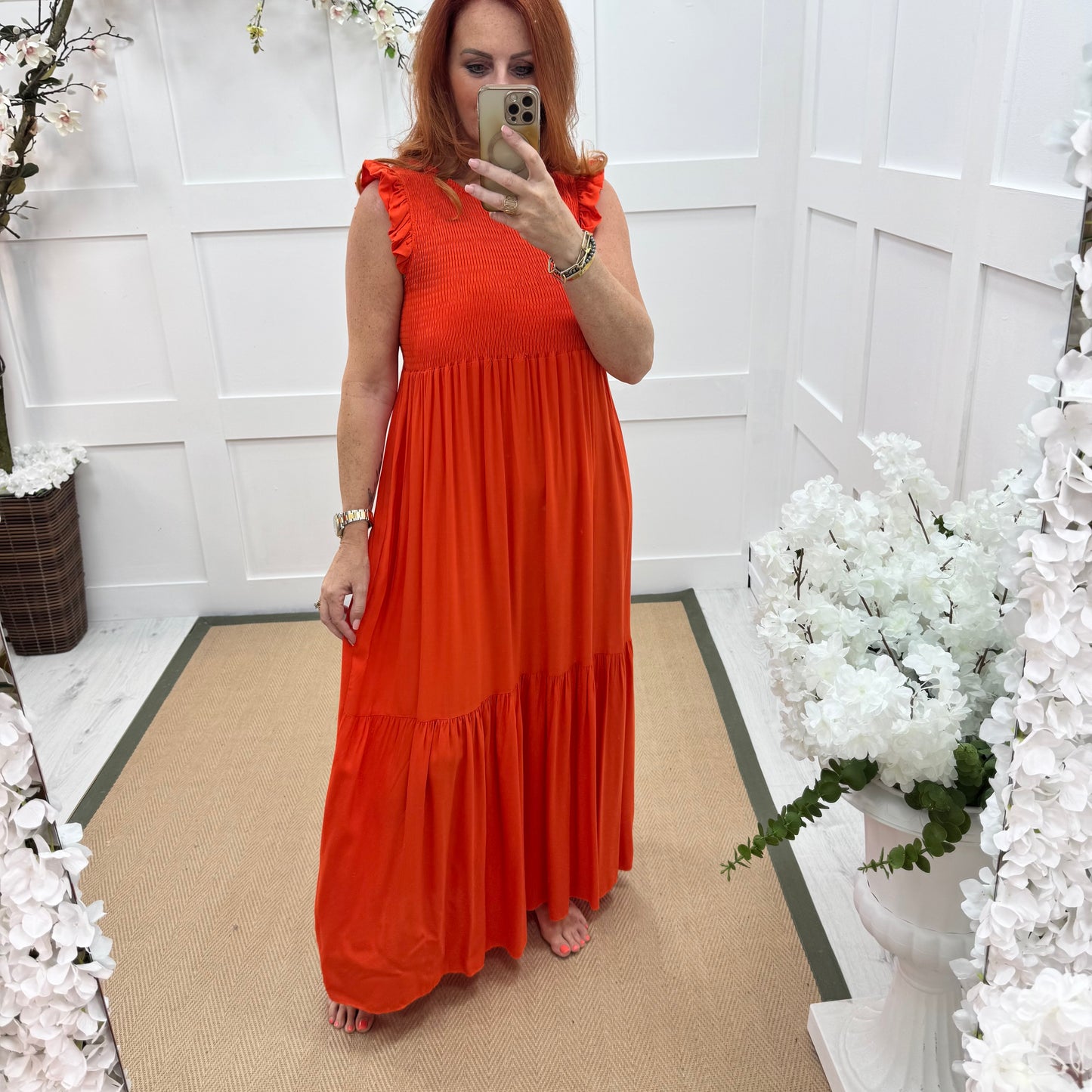 Jazz: Orange shirred maxi dress. One size 10-18