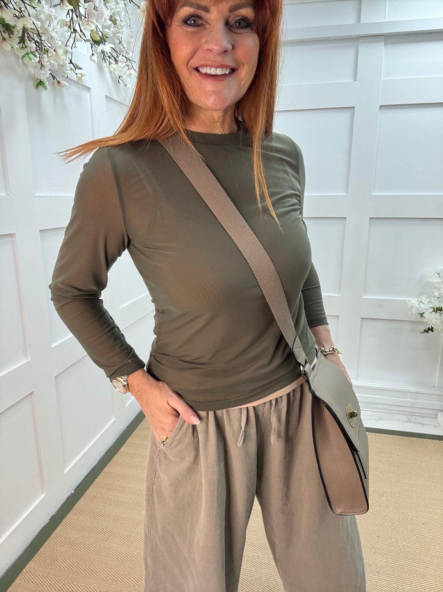 Romy: Khaki sheer mesh top. One Sz: 12-18