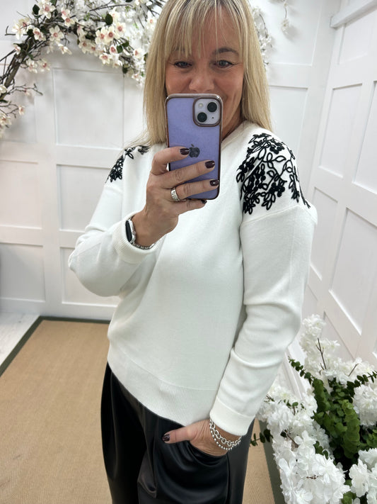 Fleur: Cream embroidered shoulder knit. 2 sizes