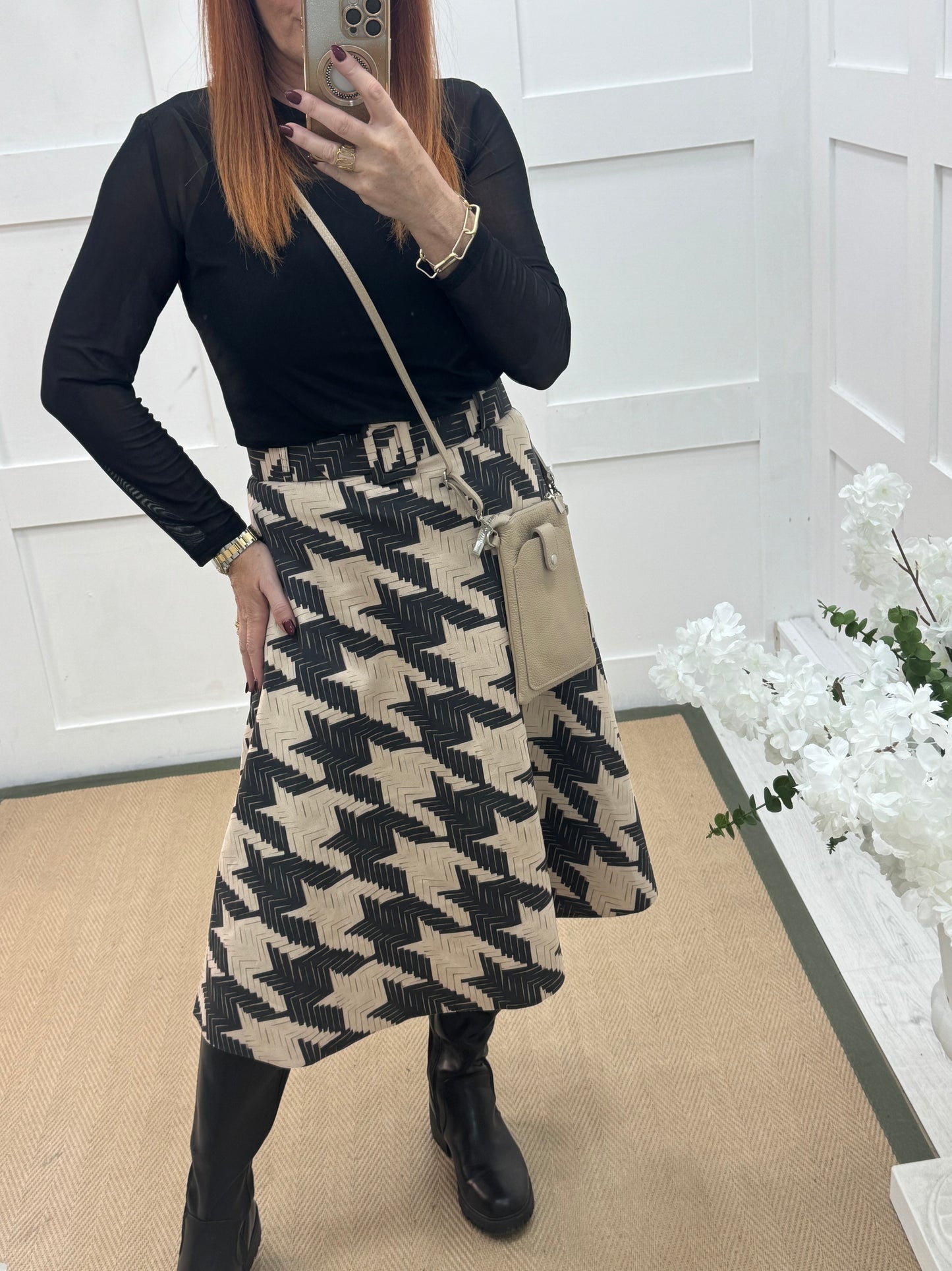 Vayla: Cream & black designer inspired belted skirt. One size 8-12