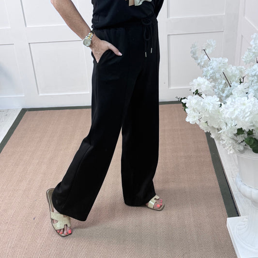 Trudy: Black stretchy wide leg pocket trousers. 2 sizes