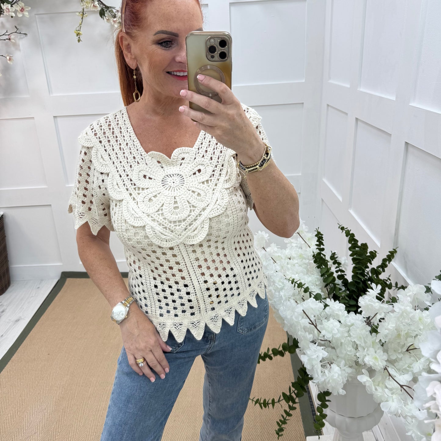 Katia: Cream crochet short sleeve top. One size: 8-14