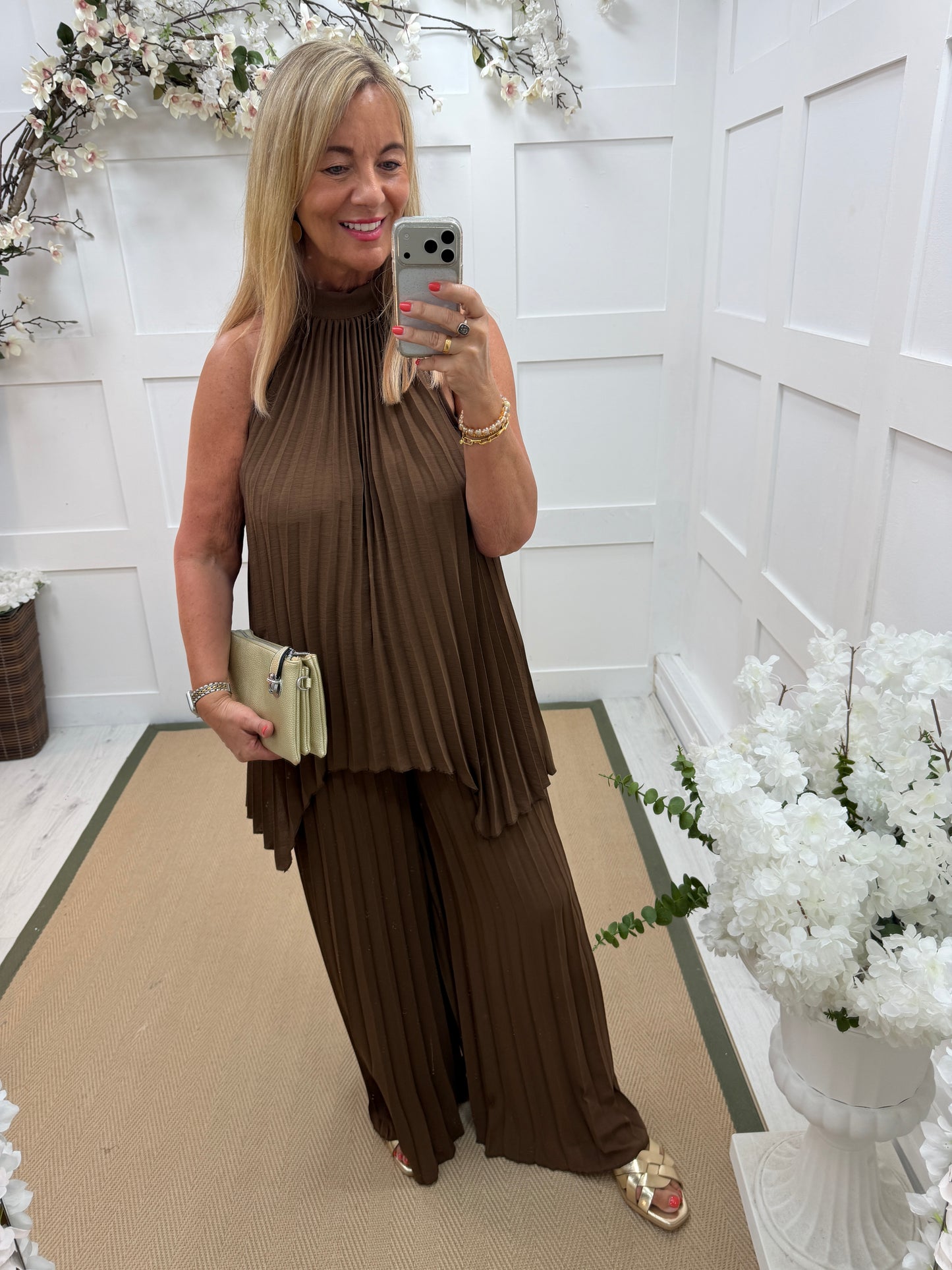 Cora: Pleated halter neck top & trouser set. One size: 12-16. 3 colours