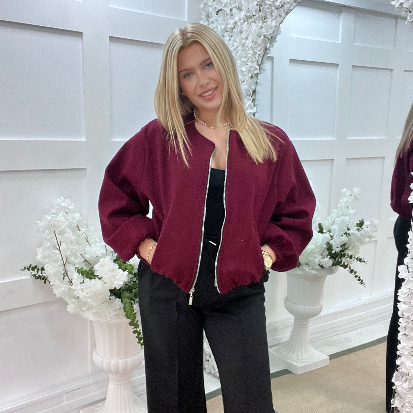 Jamiee: Burgundy soft feel bomber jacket. One size: 8-16