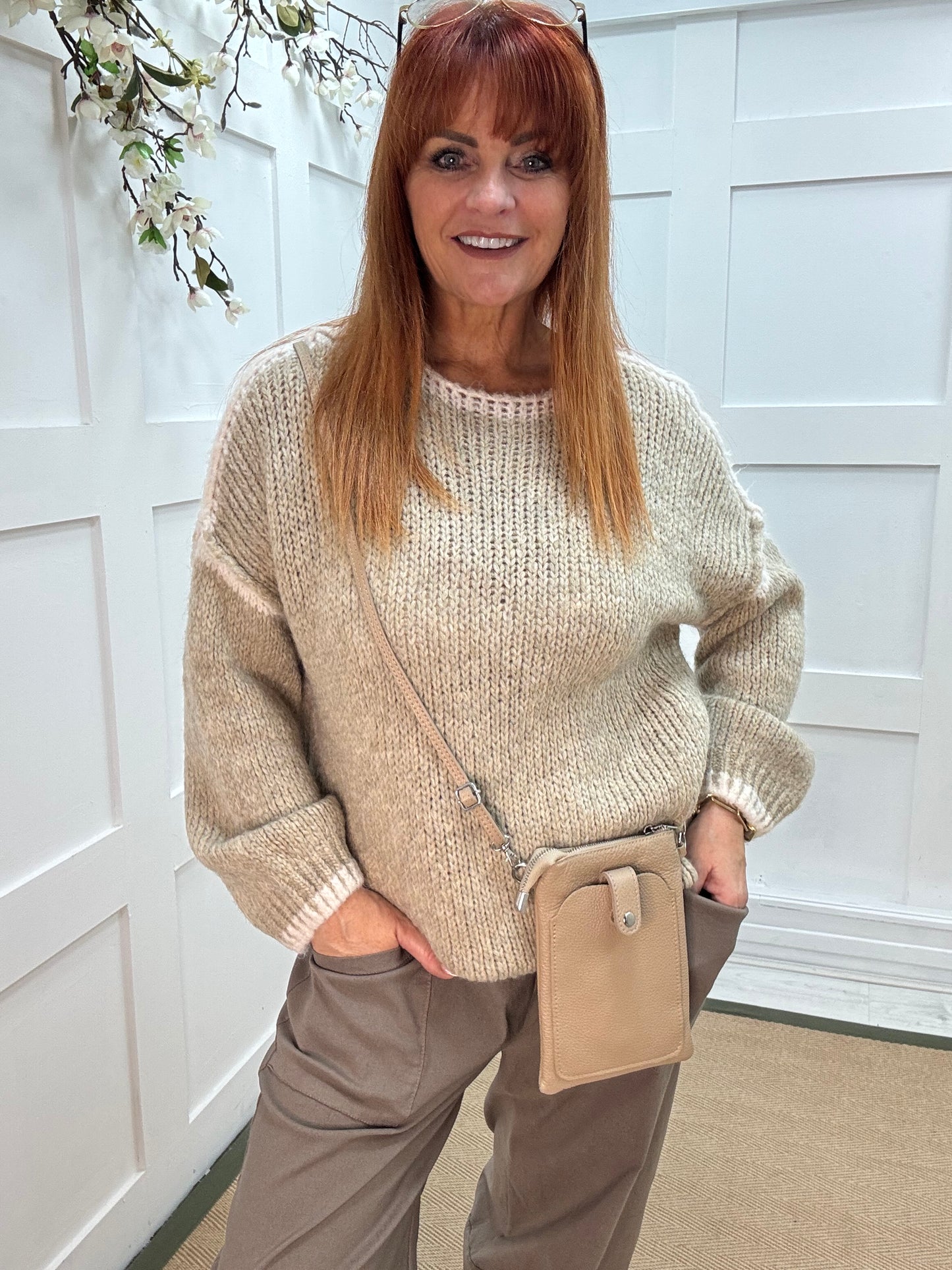 Odette: Beige slouchy knit knitted jumper. One size: 12-18