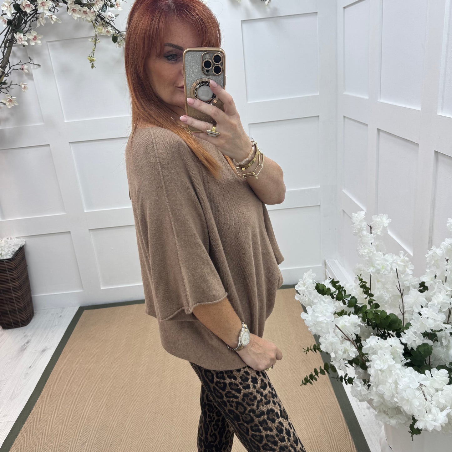 Carys: Sand short knitted top. One size: 12-18