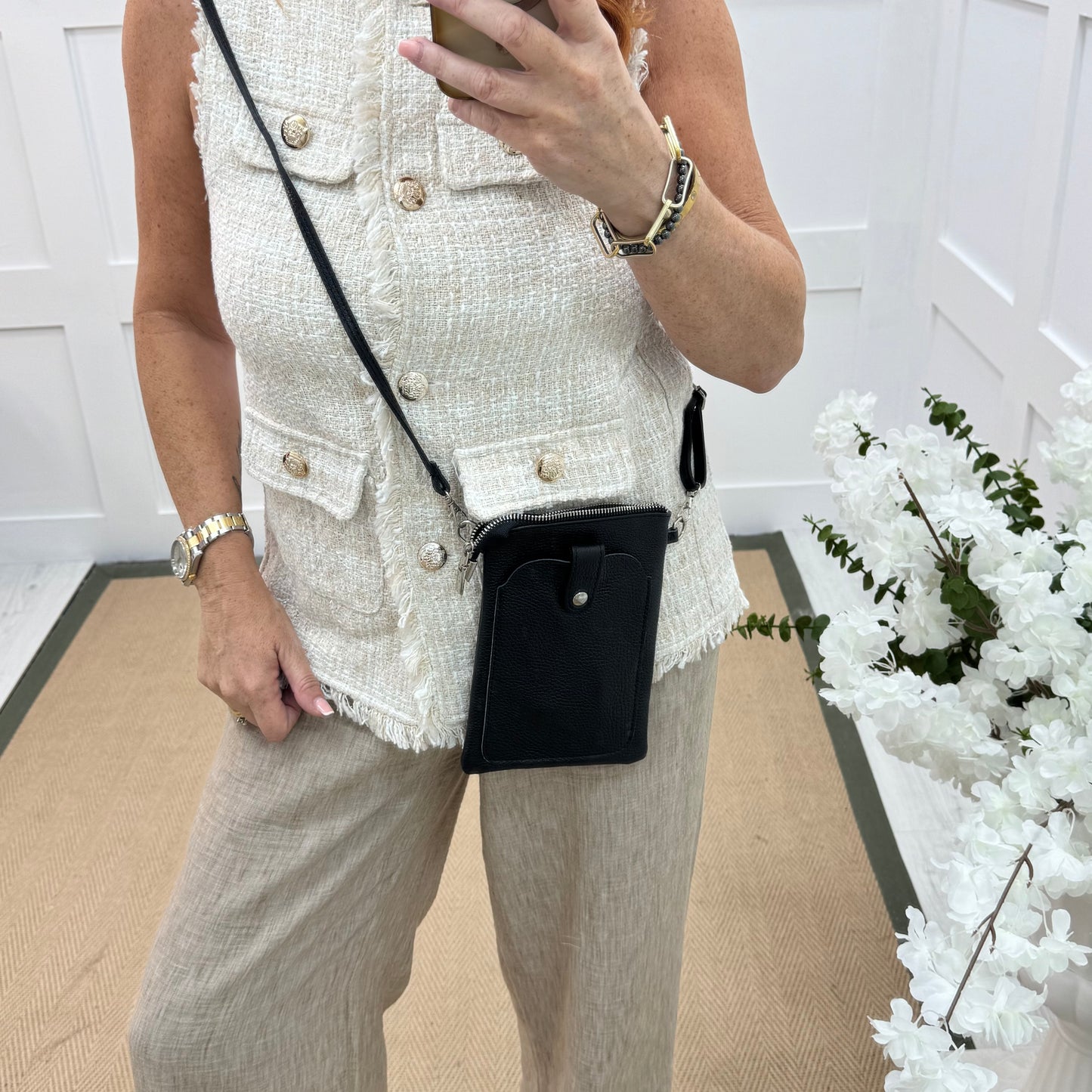 Petra: Black Italian leather phone cross body bag