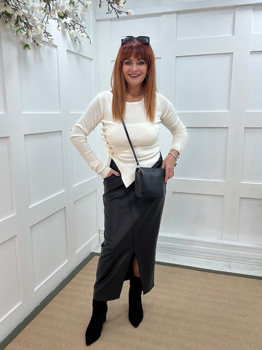 Audra: Winter white ruched gold button top. 2 sizes